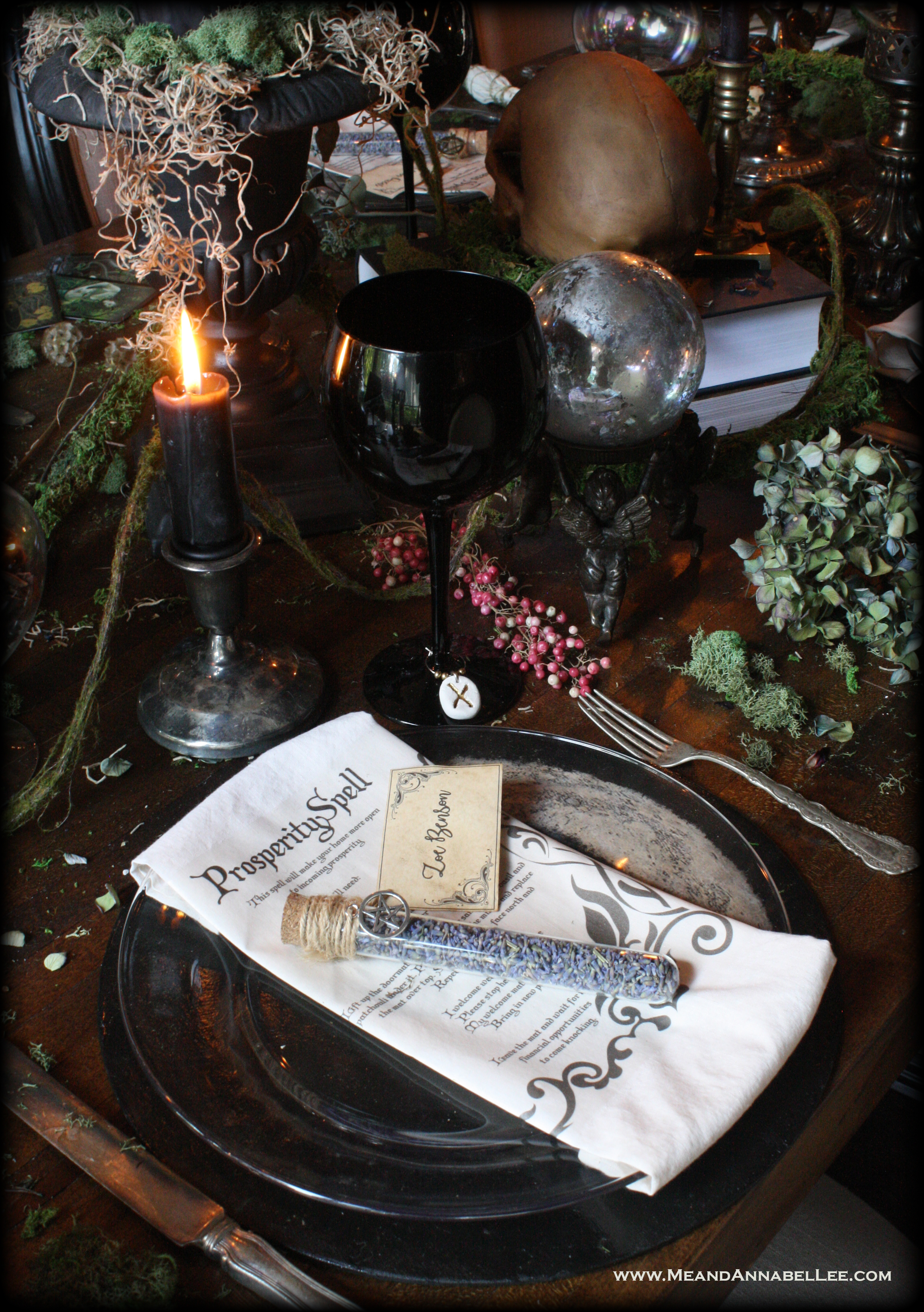 Witches Dinner Party | Dried Floral Stems | Elegant Halloween Table Setting | Mercury Glass Crystal Ball | Moon Phase Charger Plates | DIY Spell Napkins | Herbal Tea Favors and Seating Cards | Rune Stone Wine Charms | www.MeandAnnabelLee.com