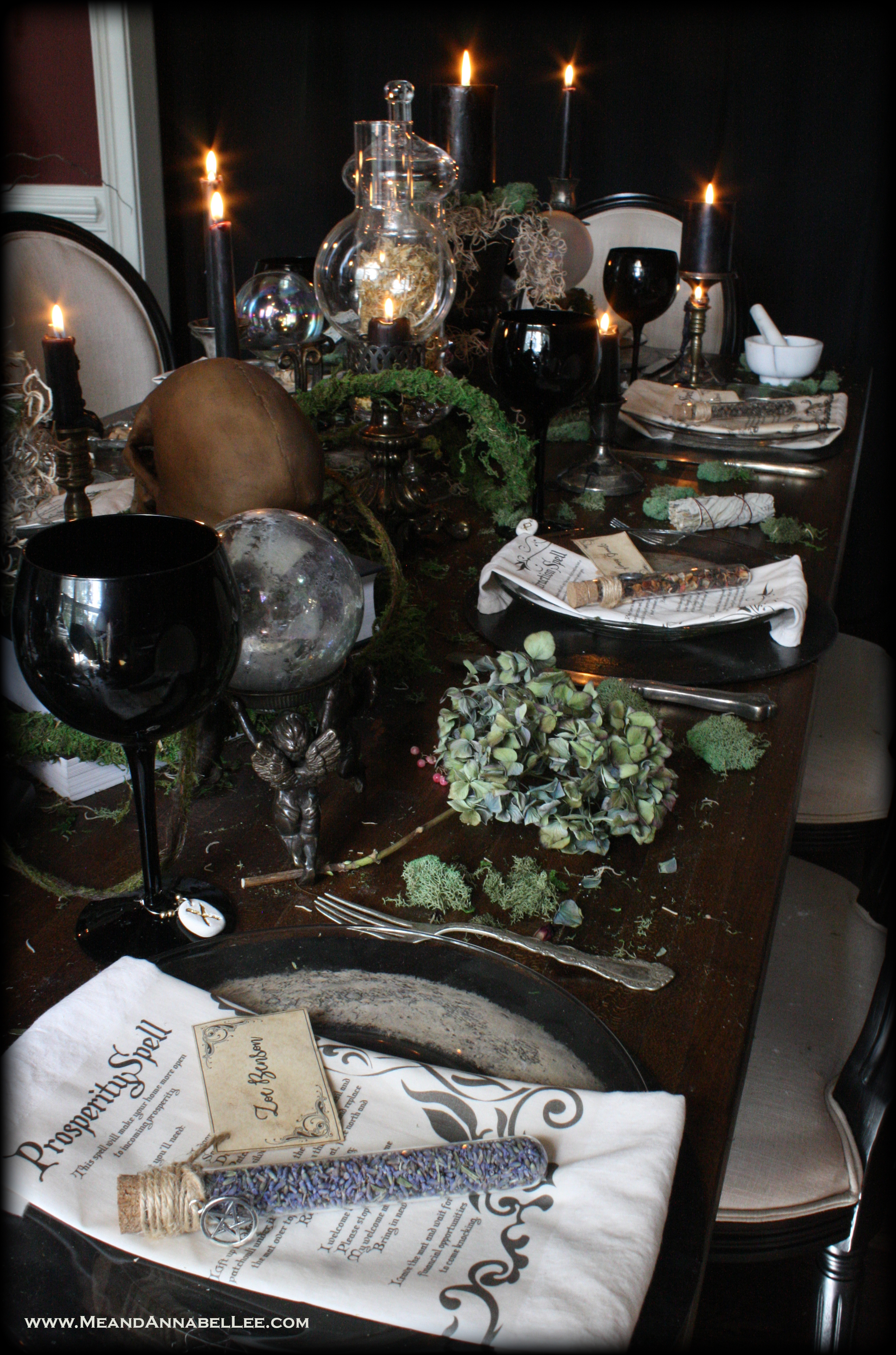 Witches Dinner Party | Dried Floral Stems | Elegant Halloween Table Setting | Gothic Décor | Moon Phase Charger Plates | DIY Spell Napkins | Loose Leaf Tea Apothecary Vials | Rune Stone Wine Charms | www.MeandAnnabelLee.com