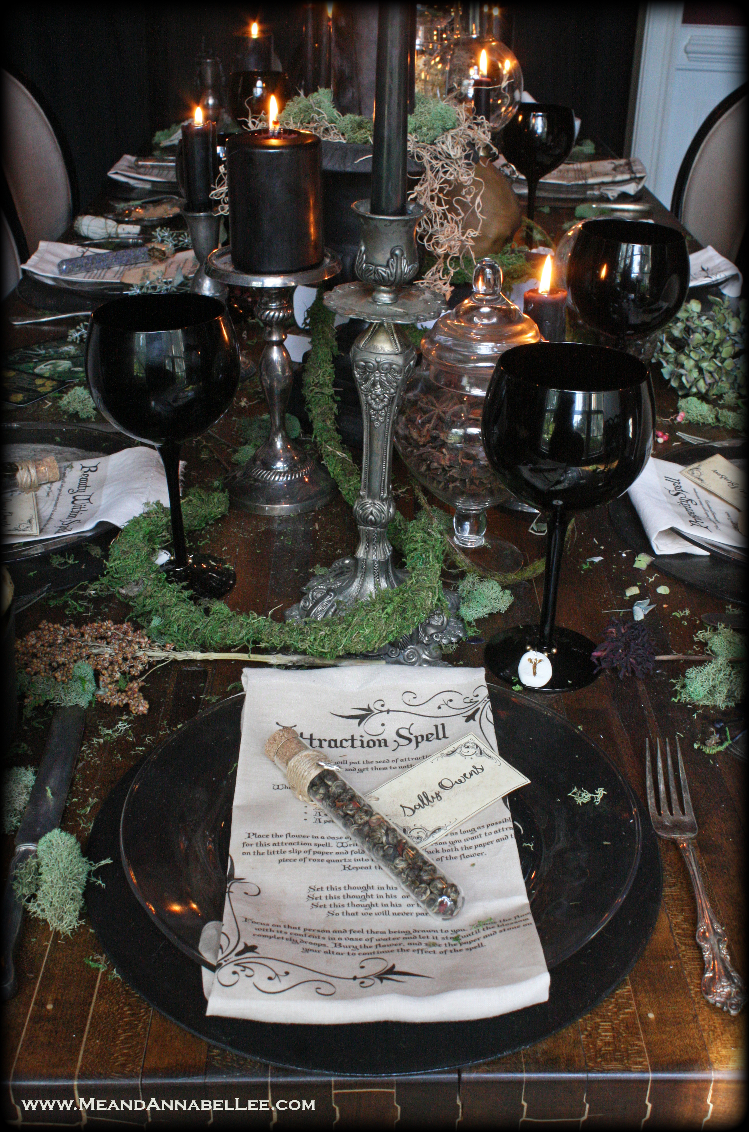Witches Dinner Party | Mossy Vines | Elegant Gothic Halloween Table Setting | DIY Magic Spell Napkins | Loose Leaf Tea Apothecary Vials | Rune Stone Wine Charms | Black Candlelit Dinner | www.MeandAnnabelLee.com