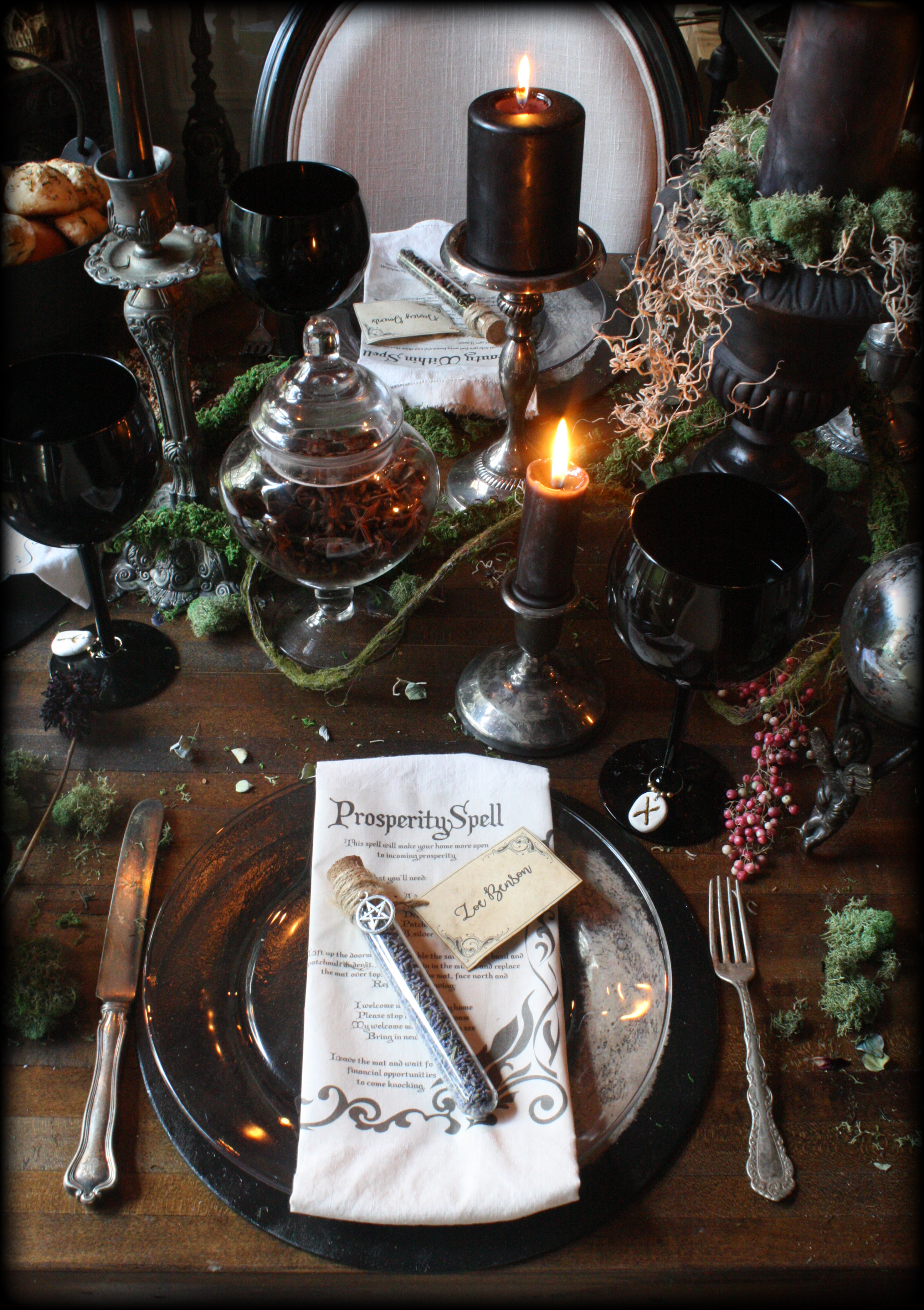 Witches Dinner Party | Witchcraft Place Setting | Antique Silverware | Moon Phase Charger Plates | DIY Spell Napkins | Loose Leaf Tea Apothecary Vials | Rune Stone Wine Charms | www.MeandAnnabelLee.com