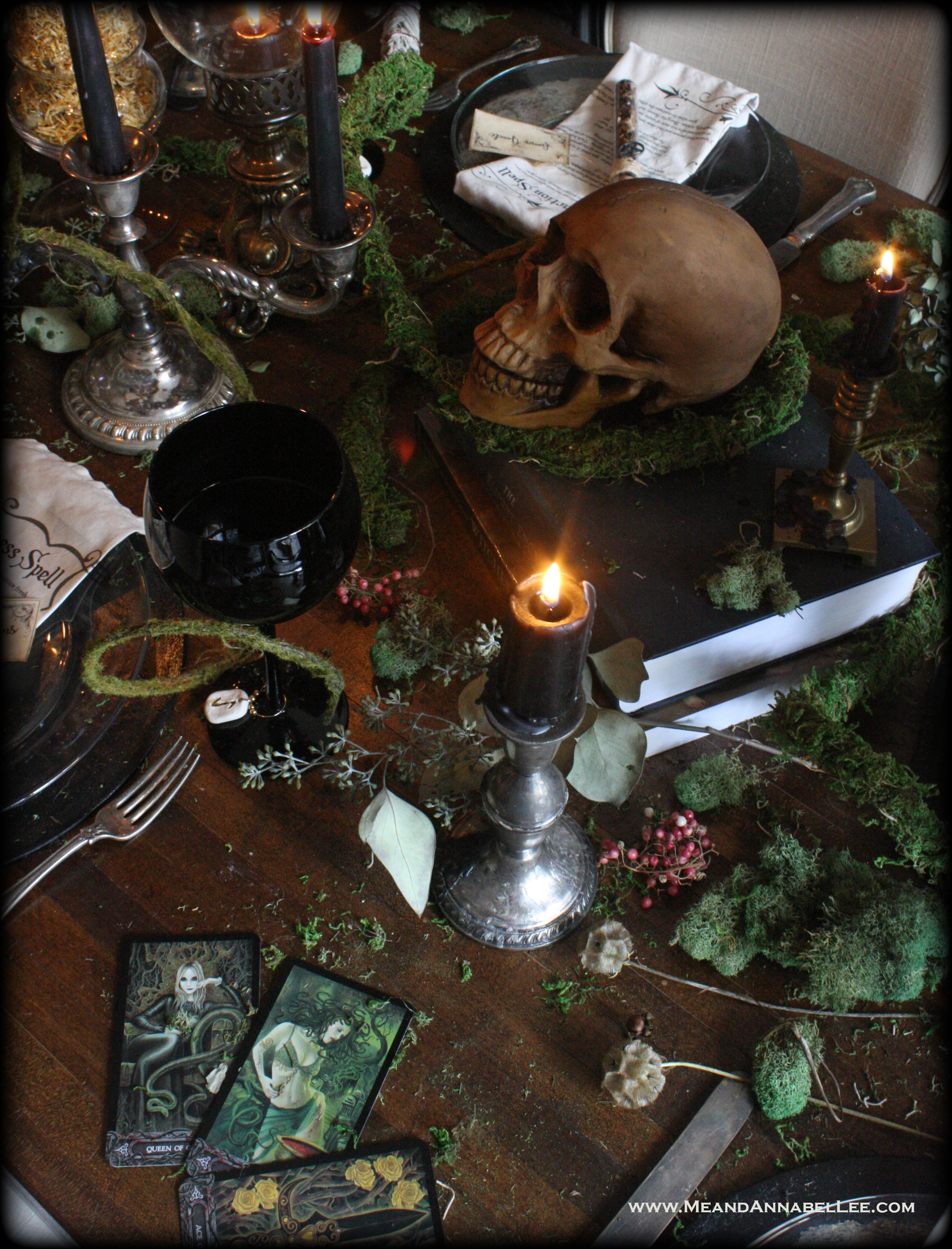 Witches Dinner Party | Tarot Cards | Fortune Telling | Skull Centerpiece | Enchanted Forest Table Décor | www.MeandAnnabelLee.com