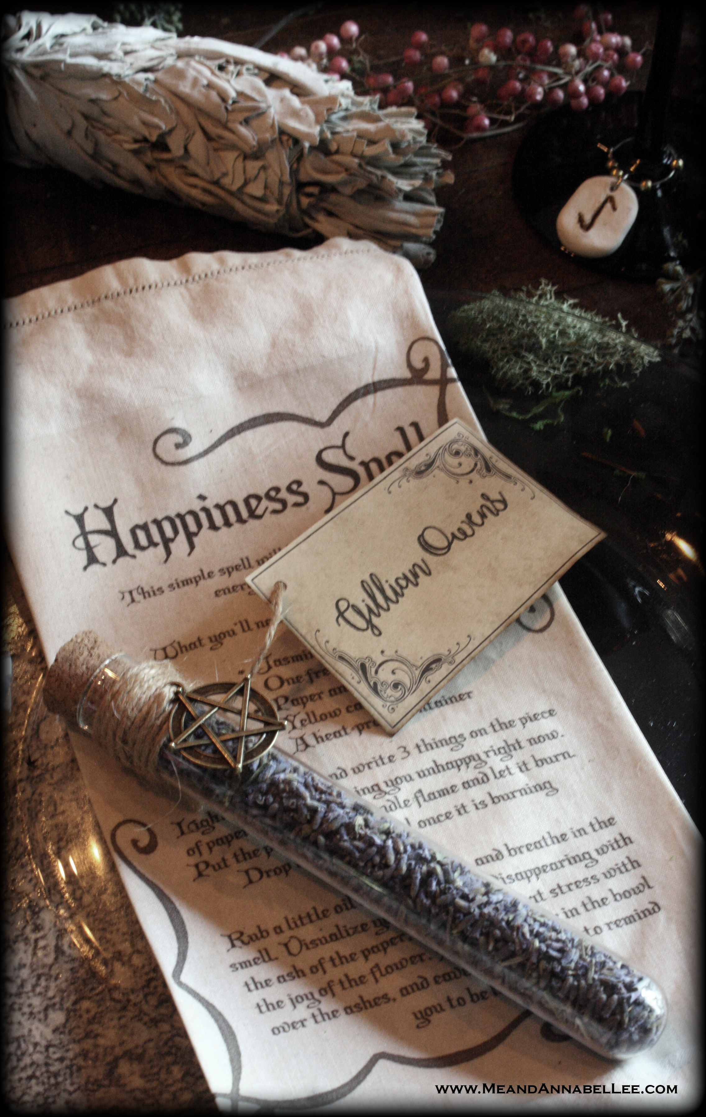 Witches Dinner Party | DIY Spell Napkins | Herbal Tea Favors and Tea Stained Seating Cards | Pentagram | Sage Smudging Bundles | Witchcraft | Happiness Spell | Rune Stone Wine Charms | www.MeandAnnabelLee.com