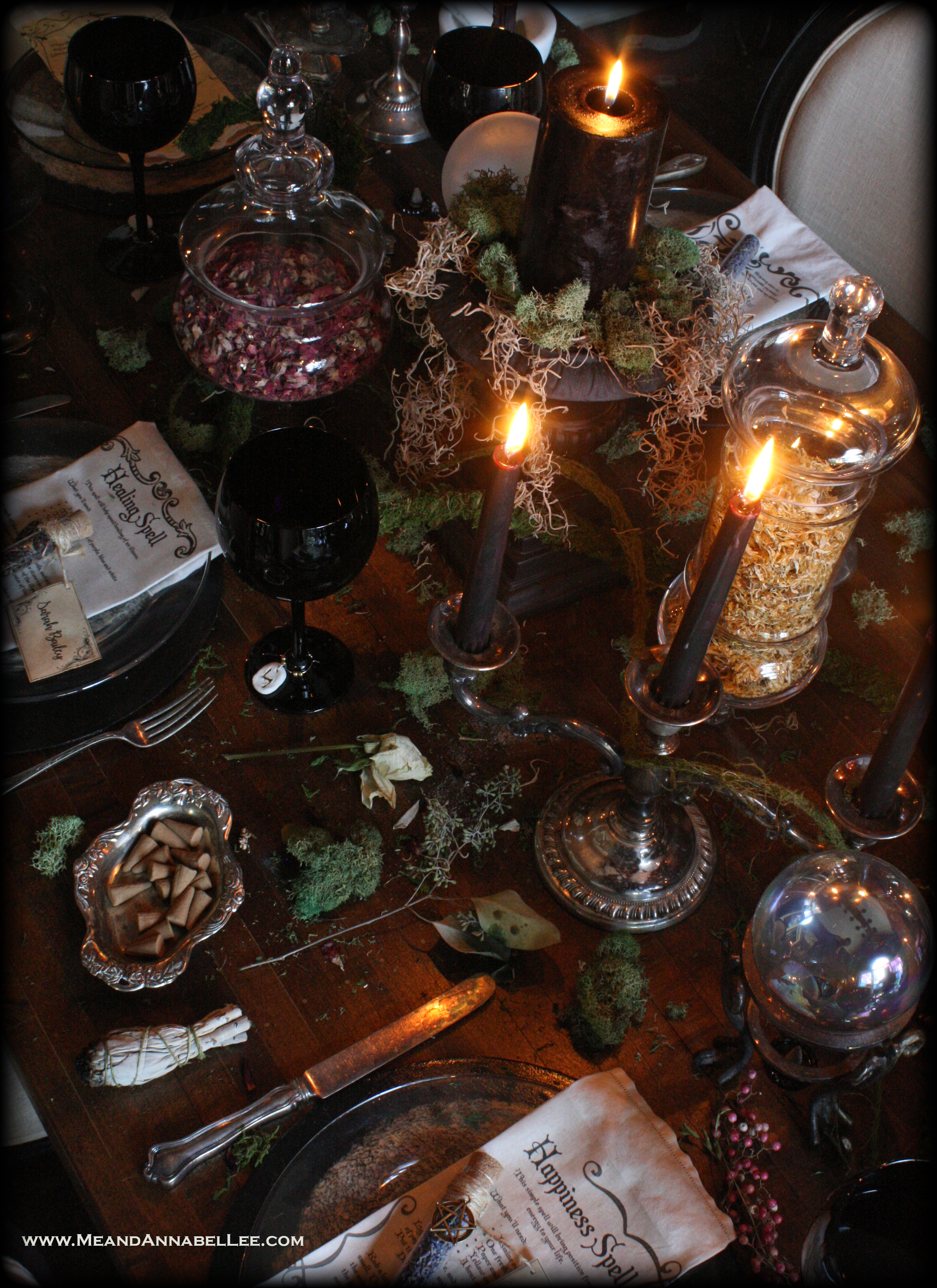Witches Dinner Party | Antique Gothic Candelabra | Incense | Smoke Filled Crystal Balls | Apothecary Jars | Elegant Halloween Table | Sage Smudging Bundles | Goth Decor | www.MeandAnnabelLee.com