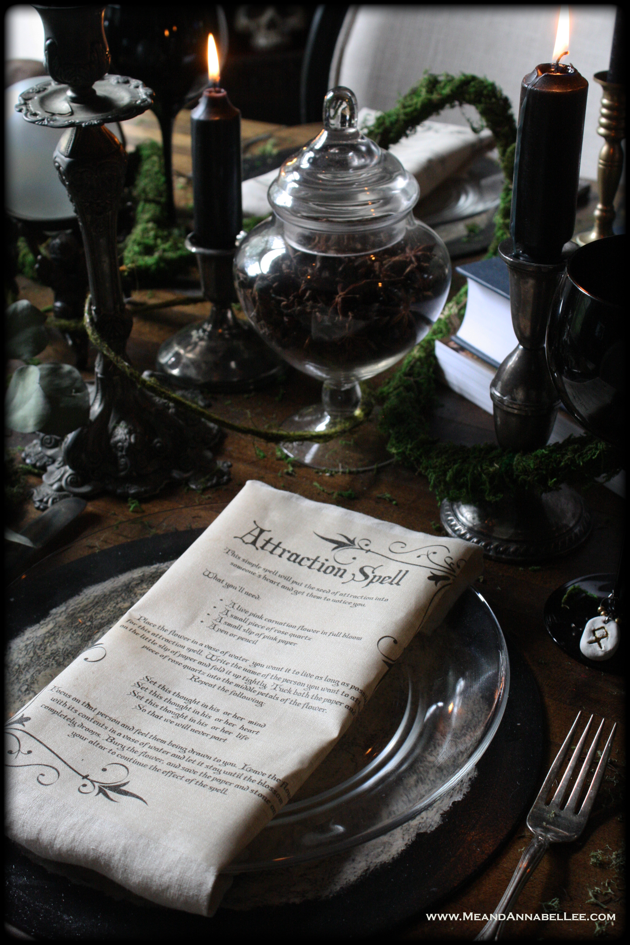 DIY Tea Stained Witches Spell Napkins | Magickal Halloween Dinner Party Table Setting | Attraction Love Spell | Witchcraft Iron On Image Transfer | www.MeandAnnabelLee.com