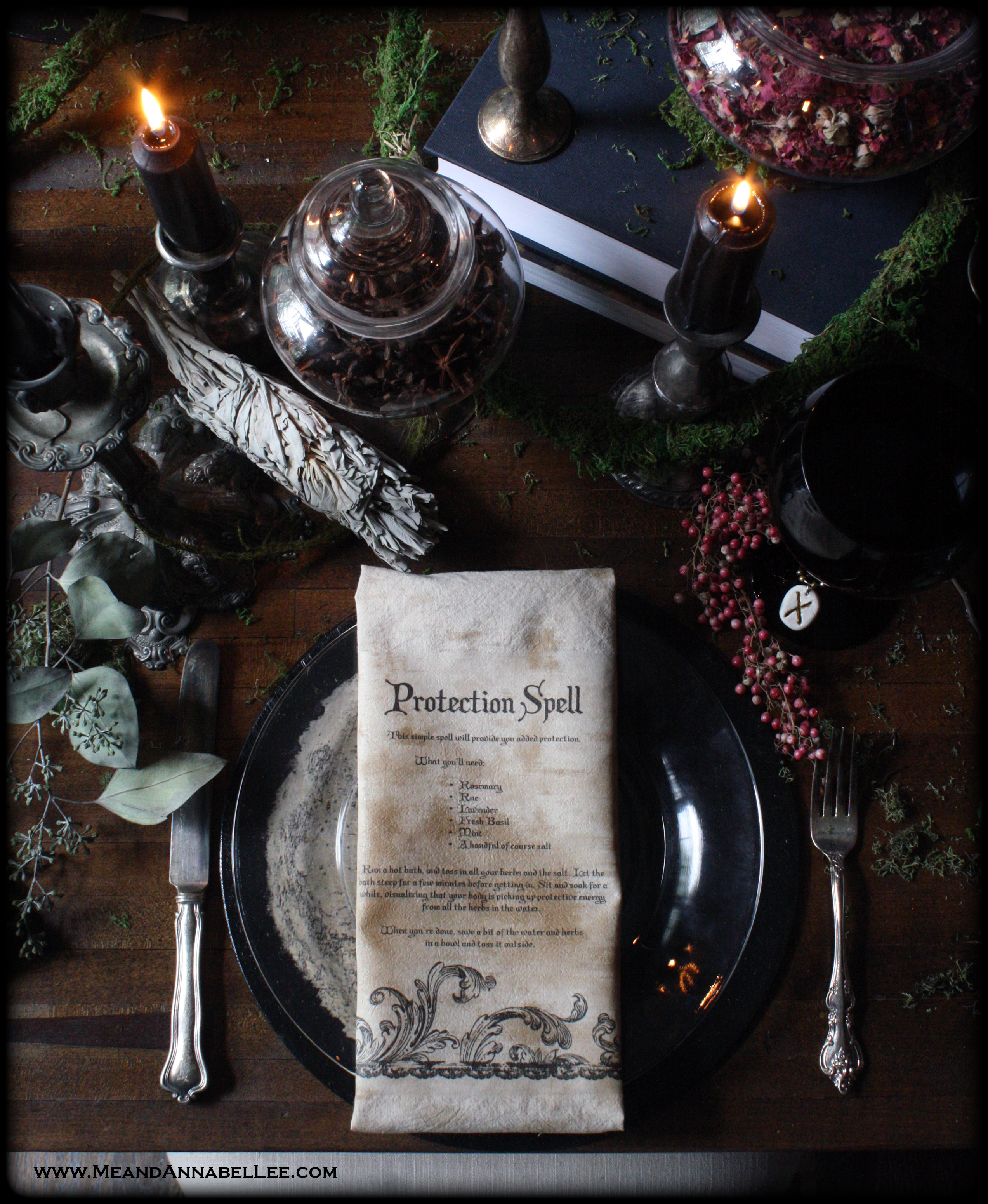 DIY Tea Stained Witches Spell Napkins | Samhain Dinner Party Table Setting | Protection Spell | Halloween Crafts | Image Transfer | www.MeandAnnabelLee.com