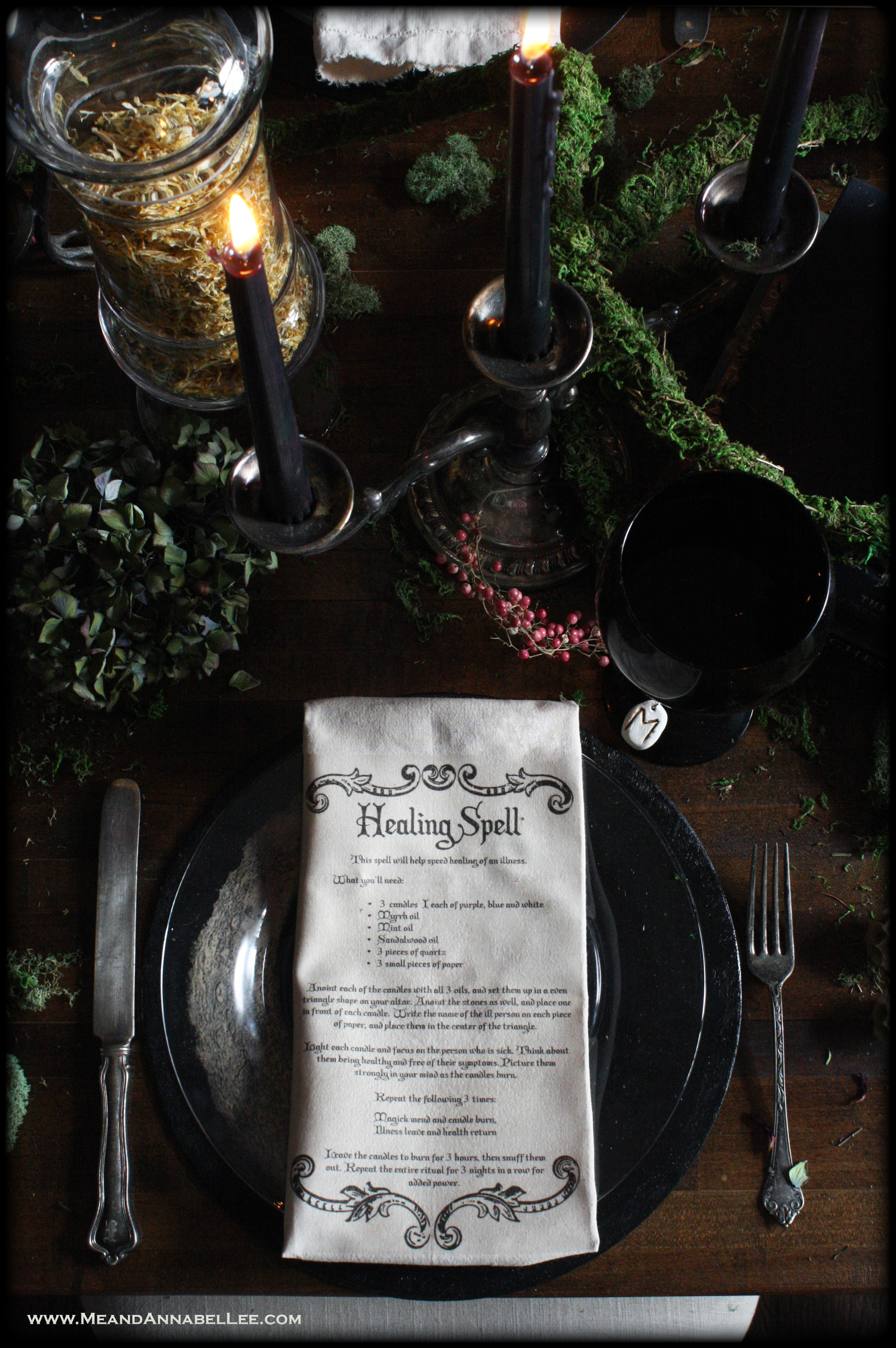 DIY Tea Stained Witches Spell Napkins | Samhain Dinner Party Table Setting | Healing Spell | Halloween Crafts | Image Transfer | www.MeandAnnabelLee.com