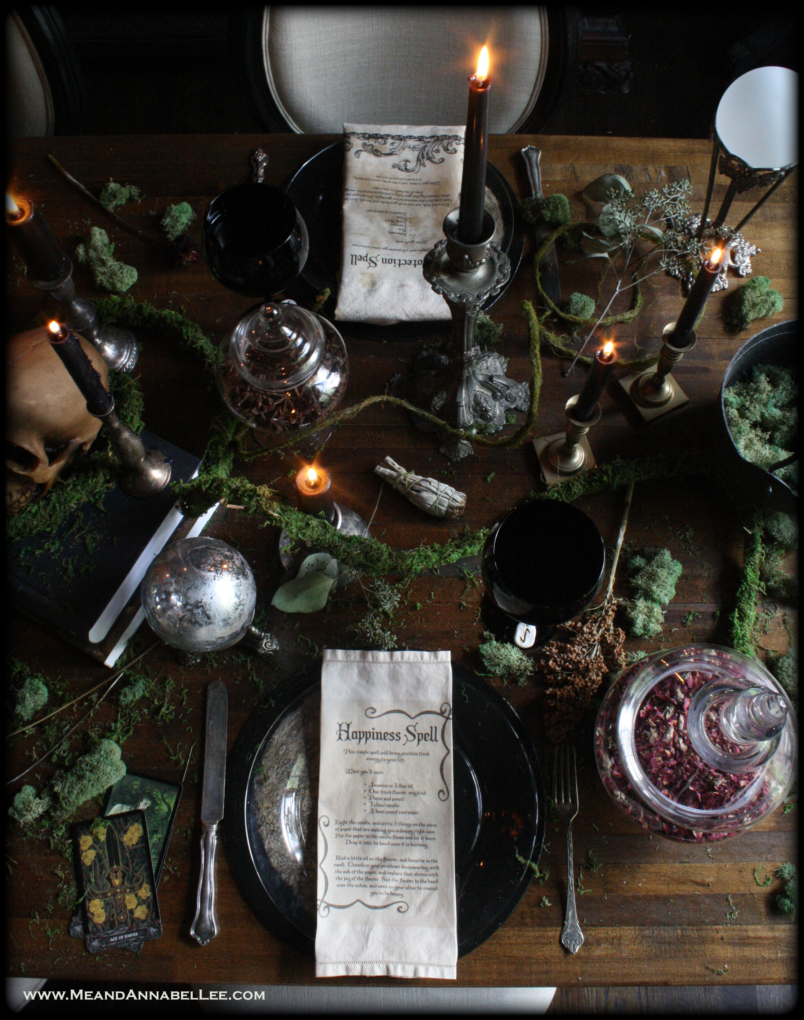 DIY Tea Stained Witches Spell Napkins | Magickal Halloween Dinner Party Table Setting | Happiness Spell | Witchcraft Iron On Image Transfer | www.MeandAnnabelLee.com