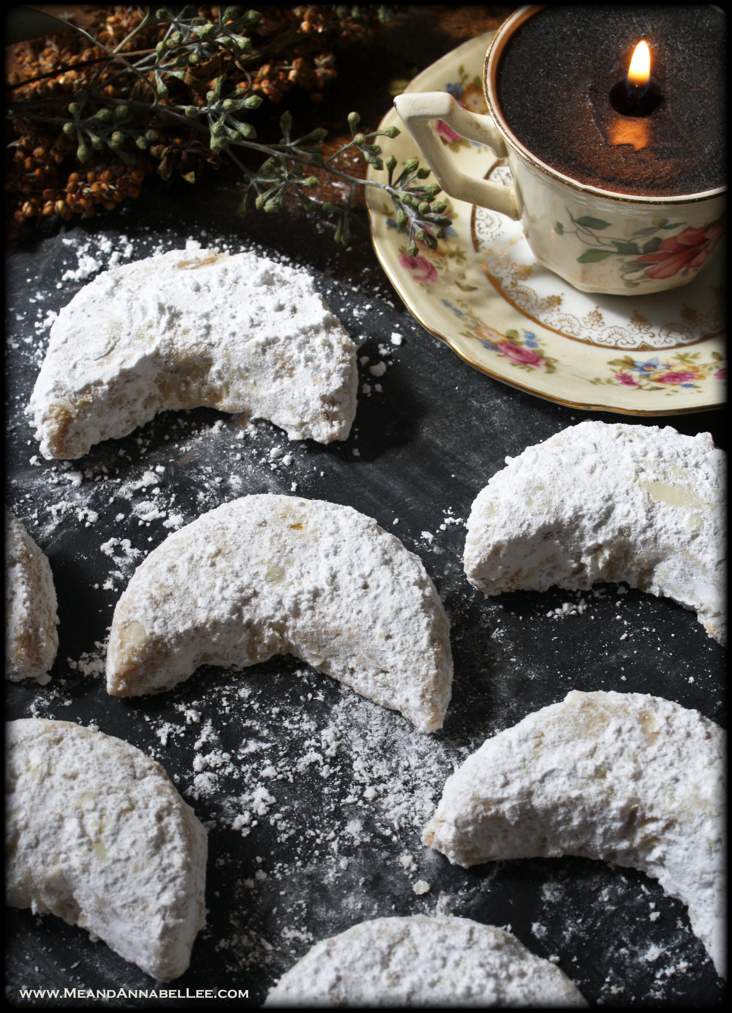 Almond Crescent Moon Cookies | Halloween Treats | Samhain Dinner Party Dessert Menu | Powdered Sugar | Kitchen Witch | www.MeandAnnabelLee.com