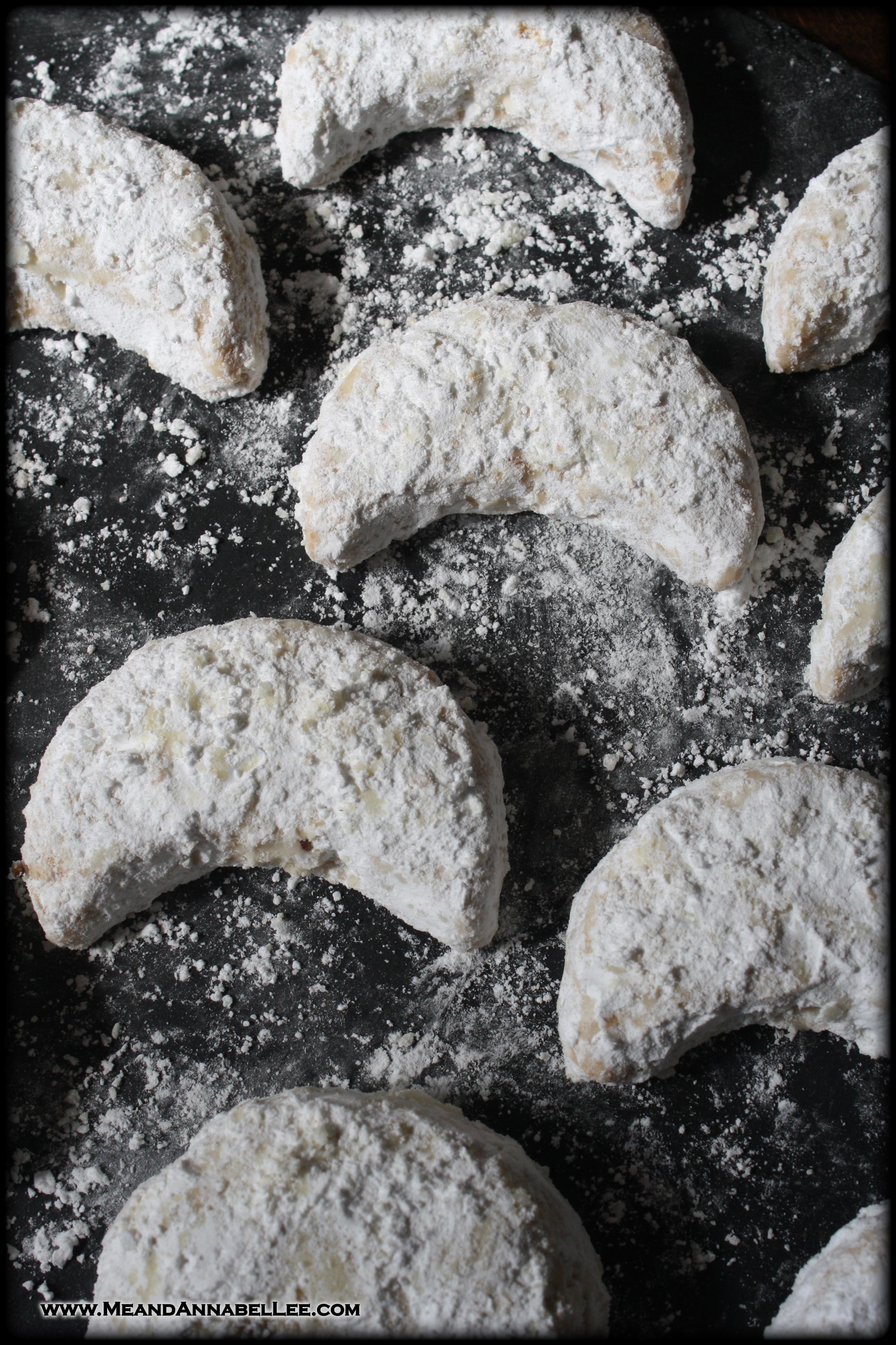 Almond Crescent Moon Cookies | Halloween Treats | Samhain Dinner Party Dessert Menu | Powdered Sugar | Kitchen Witch | www.MeandAnnabelLee.com