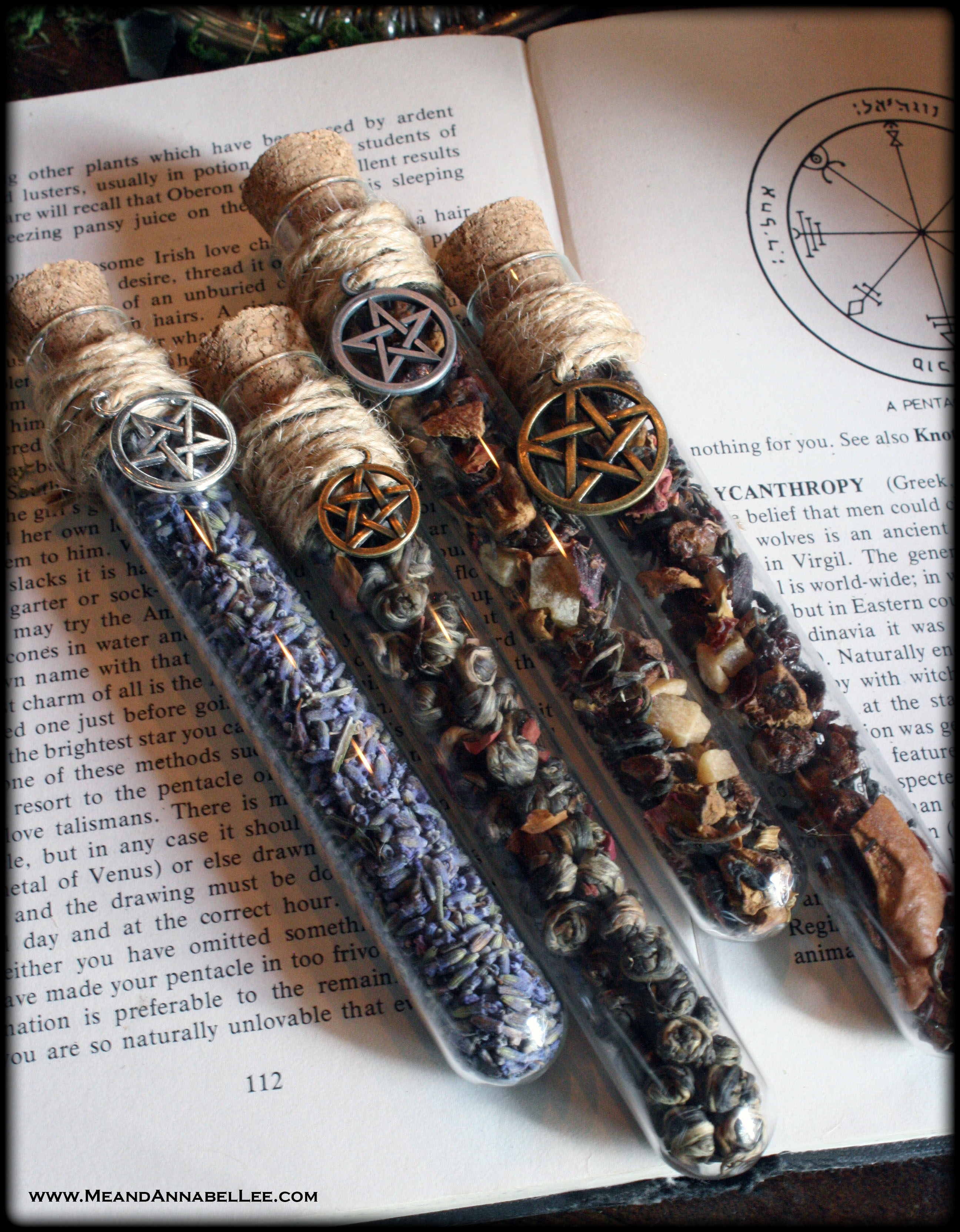 Herbal Tea Apothecary Party Favors | Witches Dinner Party | Herbal Magick | Fill Glass Test Tubes with Loose Leaf Tea | Pentagram Charms | www.MeandAnnabelLee.com