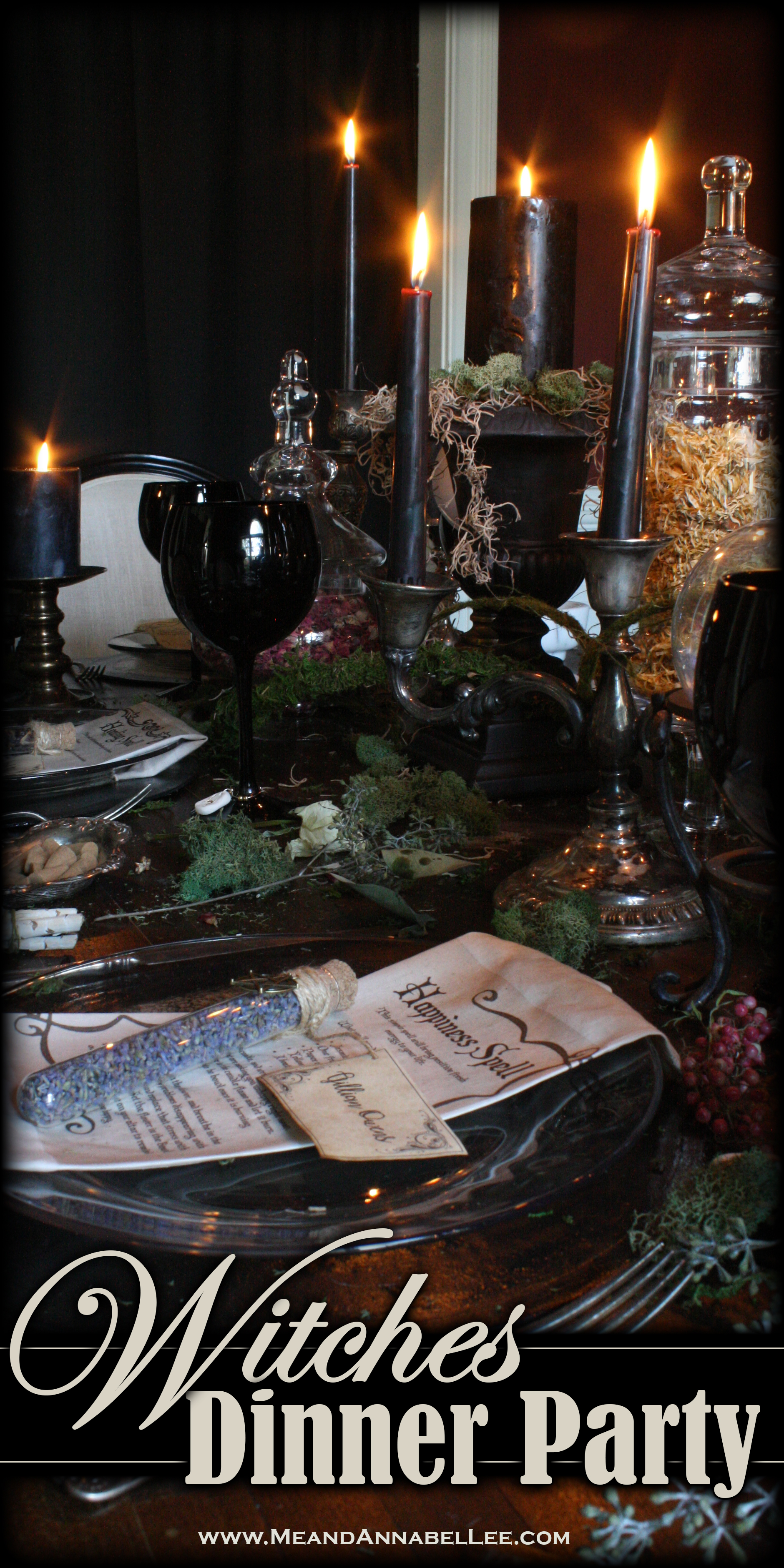 Witches Dinner Party | Elegant Gothic Halloween Table Decor | Candlelit Dinner | Dark & Moody Ambience |Crystal Balls | Apothecary Jars | Spell Napkins | Rune Stone Wine Charms | Antique Candle Holders | Skull Centerpiece | Black Candles | Enchanted Forest | Goth Home Décor | Samhain Feast Menu | www.MeandAnnabelLee.com