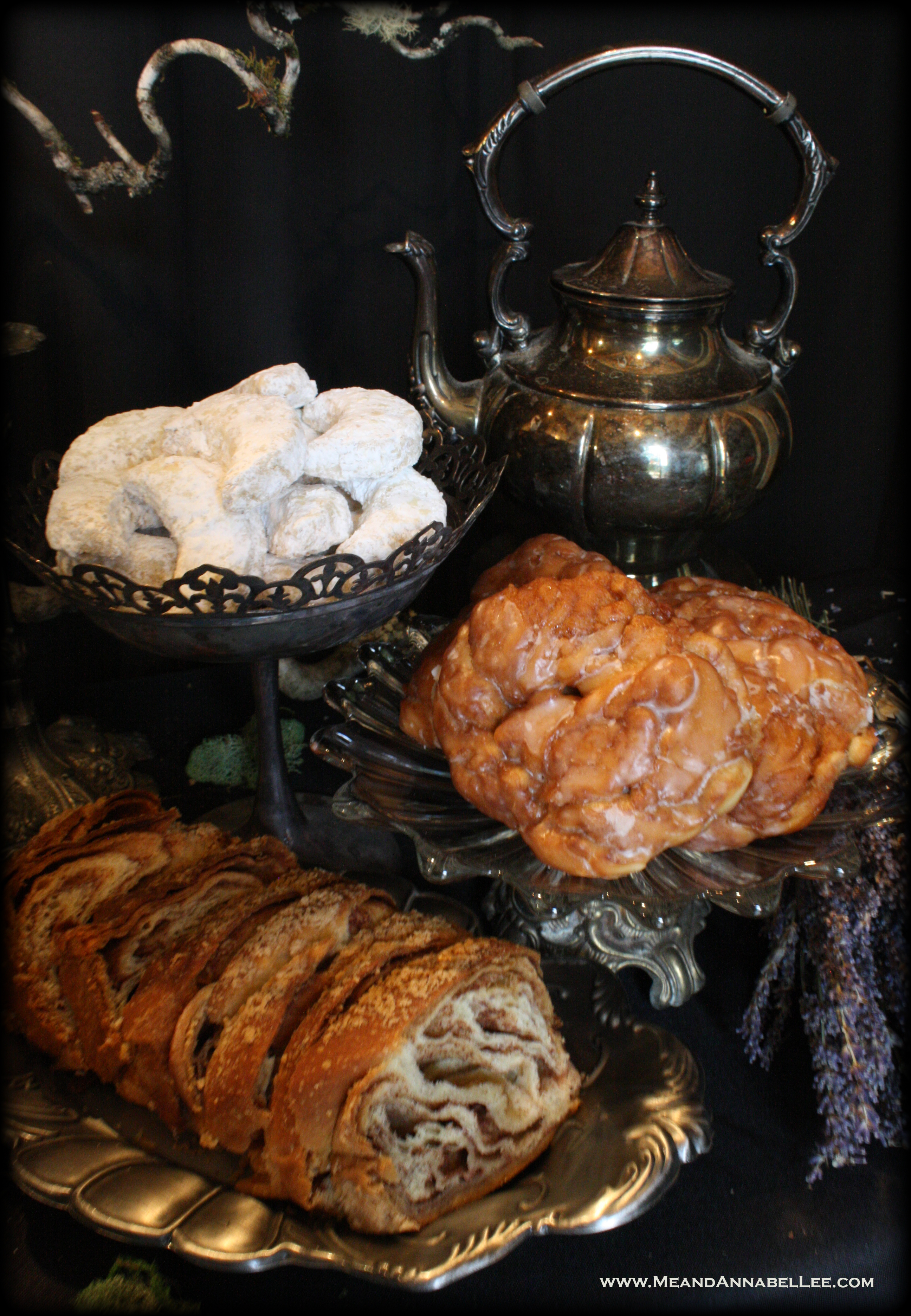 Witches Dinner Party | Dessert Bar | Almond Crescent Moon Cookies | Cinnamon Spiced Cake| Apple Fritters | Herbal Tea | Fall Flavors | www.MeandAnnabelLee.com