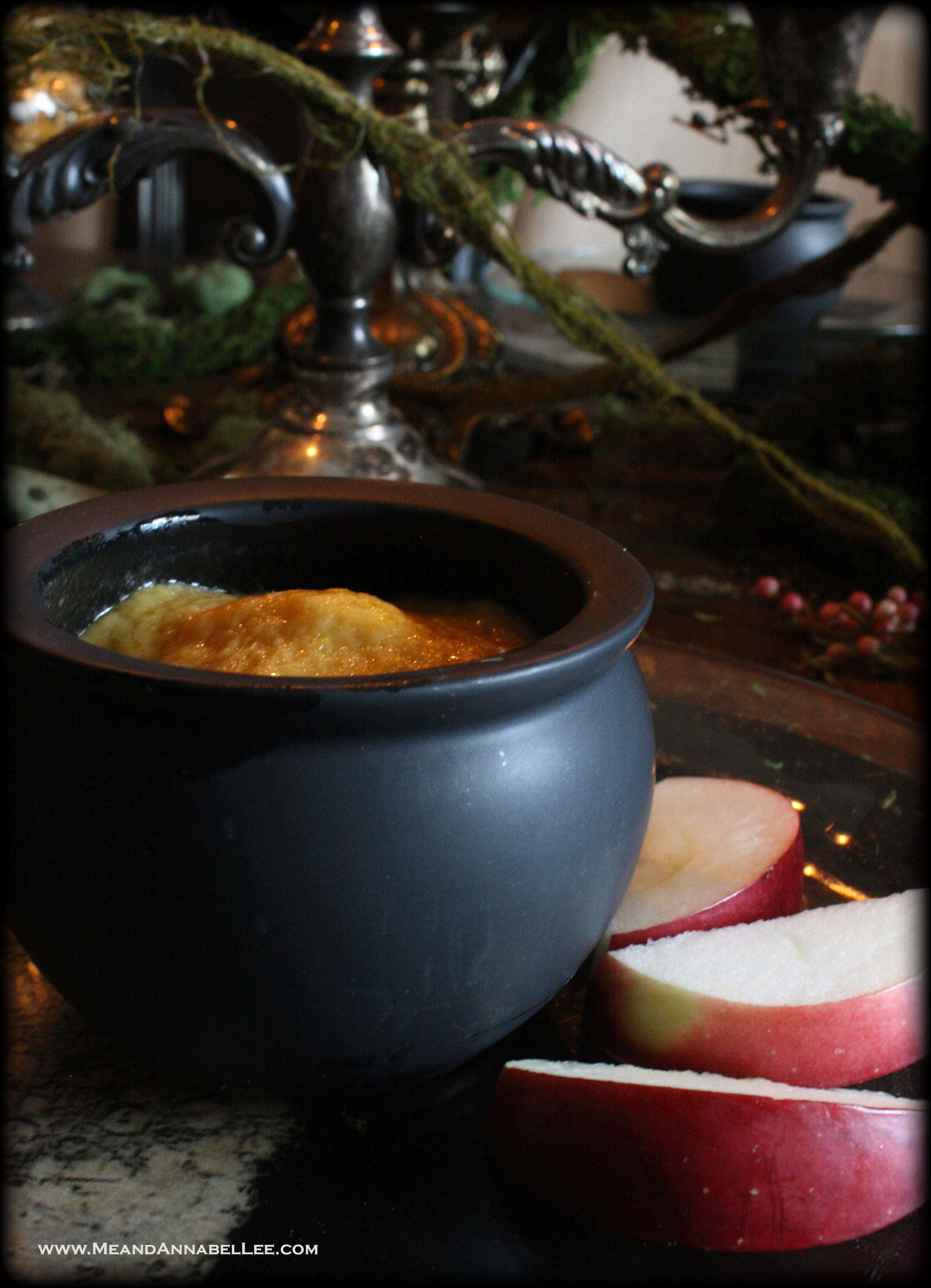 Witches Dinner Party | Pumpkin Cheese Fondue appetizer served in Ceramic Cauldrons | Fall Flavors | Samhain Feast | Halloween Food | Dinner Menu | www.MeandAnnabelLee.com
