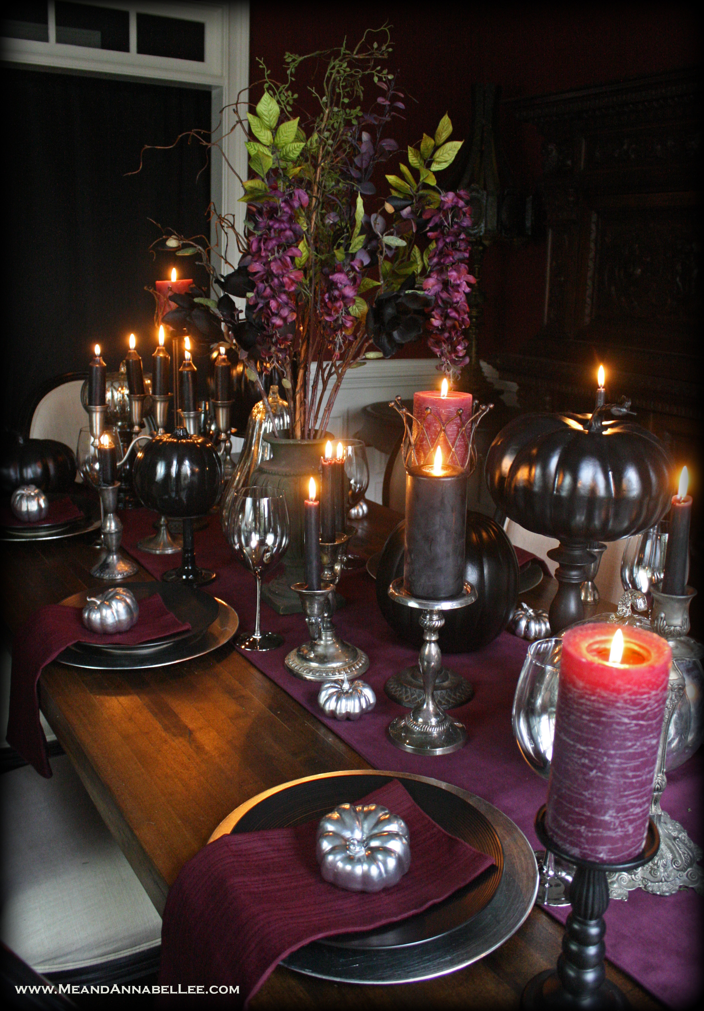 Black and Purple Gothic Thanksgiving Table Decor | Add a touch of Halloween to your Thanksgiving Spread | Black Pumpkins | Purple Velvet Runner | Mercury Glass | Candlelit Dinner | T-Day Place Setting | www.MeandAnnabelLee.com