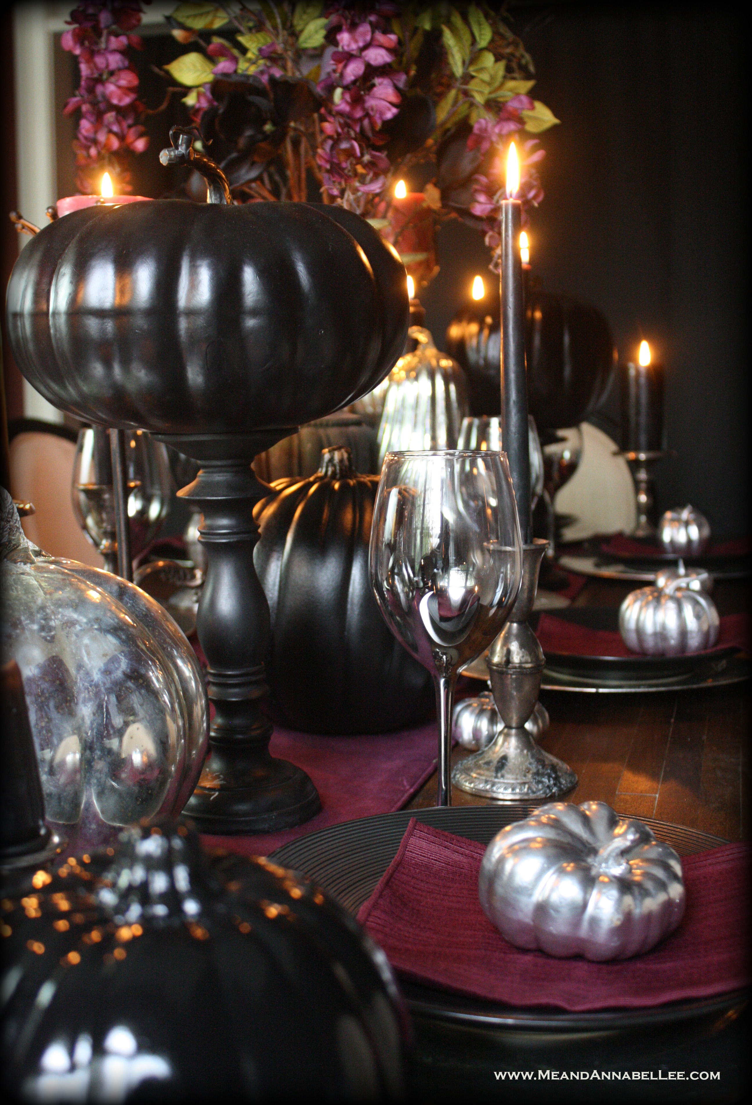 Black and Purple Gothic Thanksgiving Table Decor | Add a touch of Halloween to your Thanksgiving Spread | Fall Tablescape | Black Pumpkins | Plum Velvet Runner | Mercury Glass | Candlelit Dinner | www.MeandAnnabelLee.com