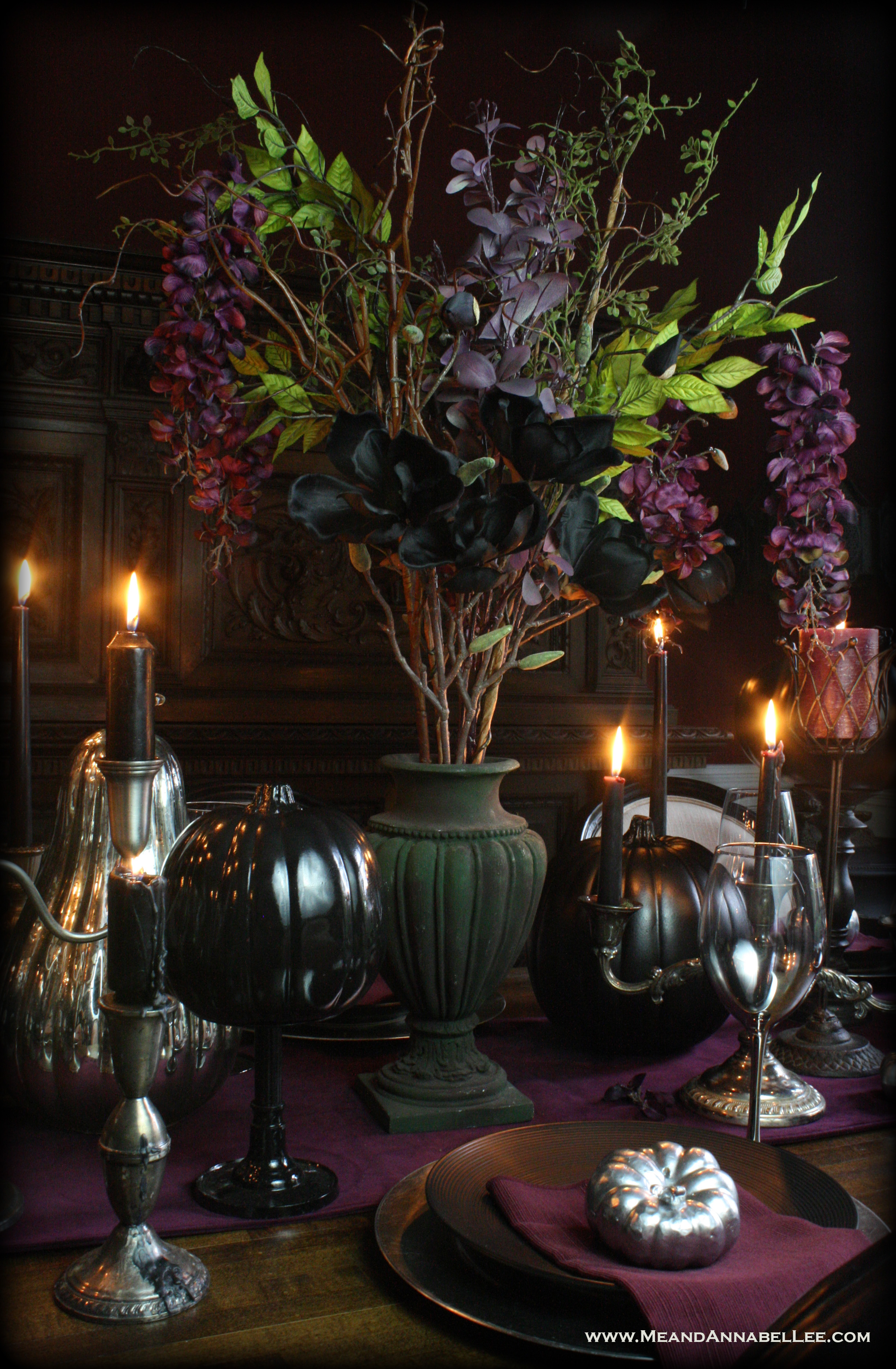 Black and Purple Gothic Thanksgiving Table Decor | Dark Floral Arrangement Centerpiece | Black Pumpkins | Purple Velvet Runner | Mercury Glass | Candlelit Dinner | www.MeandAnnabelLee.com