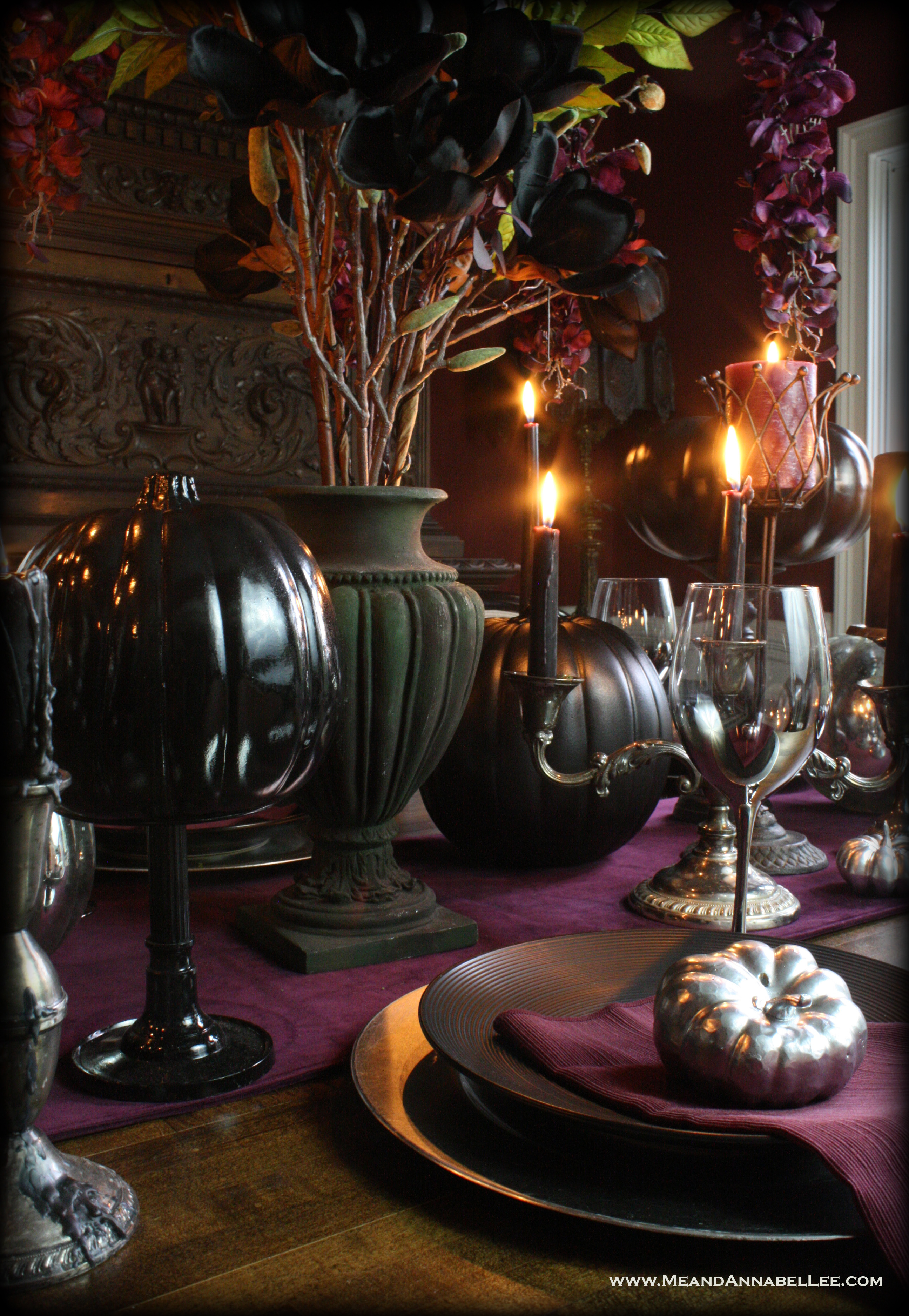 Black and Purple Gothic Thanksgiving Table Decor | Add a touch of Halloween to your Thanksgiving Spread | Black Pumpkins | Purple Velvet Runner | Mercury Glass | Candlelit Dinner | T-Day Place Setting | www.MeandAnnabelLee.com