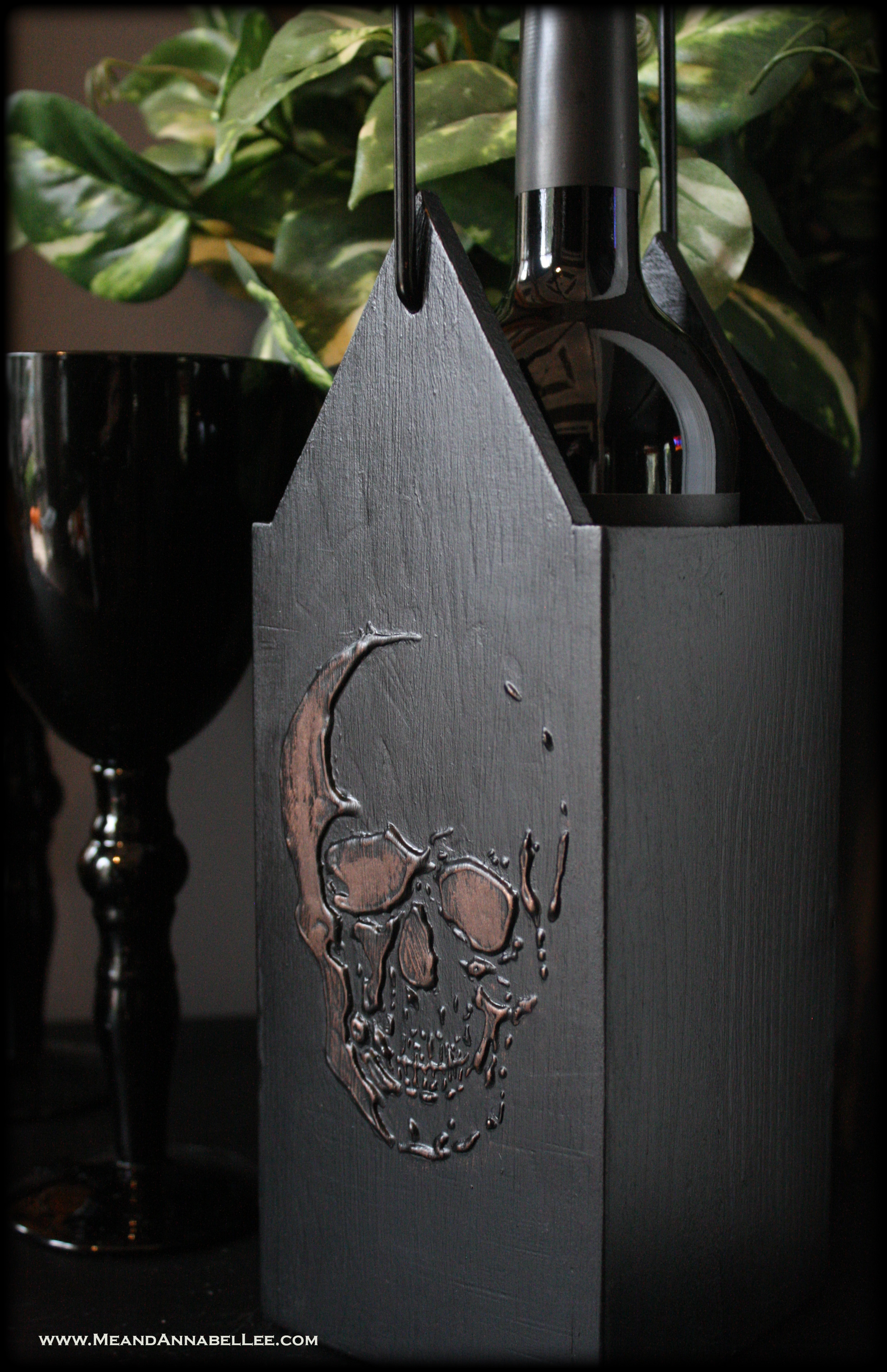DIY Skull Wine Box | How to transform a thrifted wooden wine caddy into a Gothic Hostess Gift | Skull Stencil | Wood Icing | Goth Home Décor | Gift Ideas | www.MeandAnnabelLee.com
