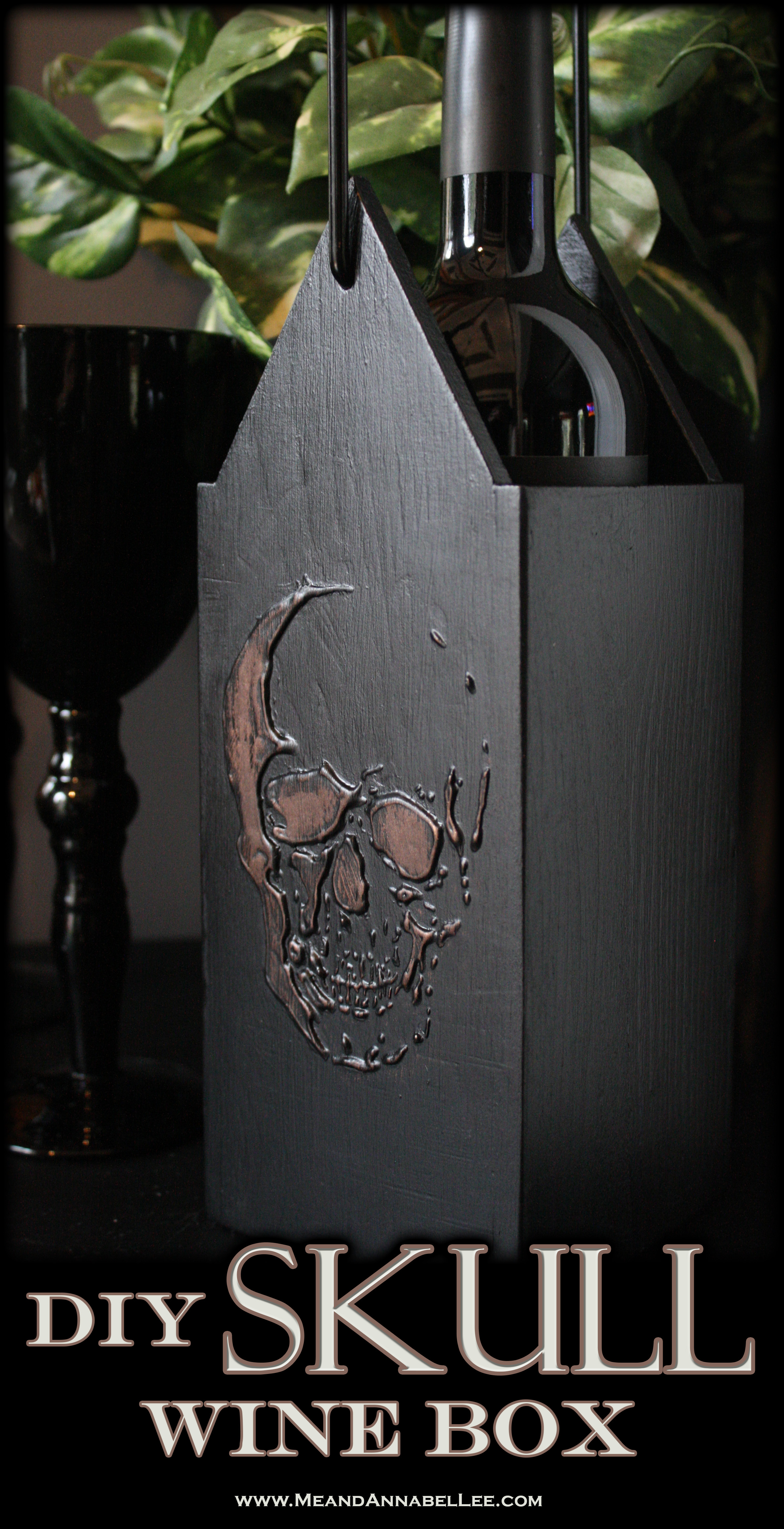 DIY Skull Wine Box | How to transform a thrifted wooden wine caddy into a Gothic Hostess Gift | Skull Stencil | Wood Icing | Goth Home Décor | Gift Ideas | www.MeandAnnabelLee.com