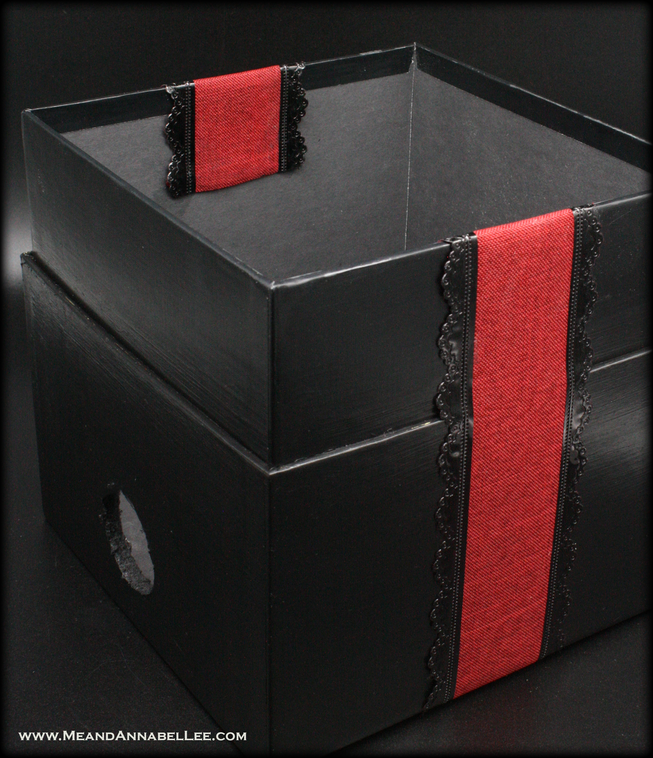 Red & Black Gothic Boxed wine dispenser | How to build a DIY Holiday Boxed Wine Dispenser |Wrapped Gift Box Upcycle | www.MeandAnnabelLee.com