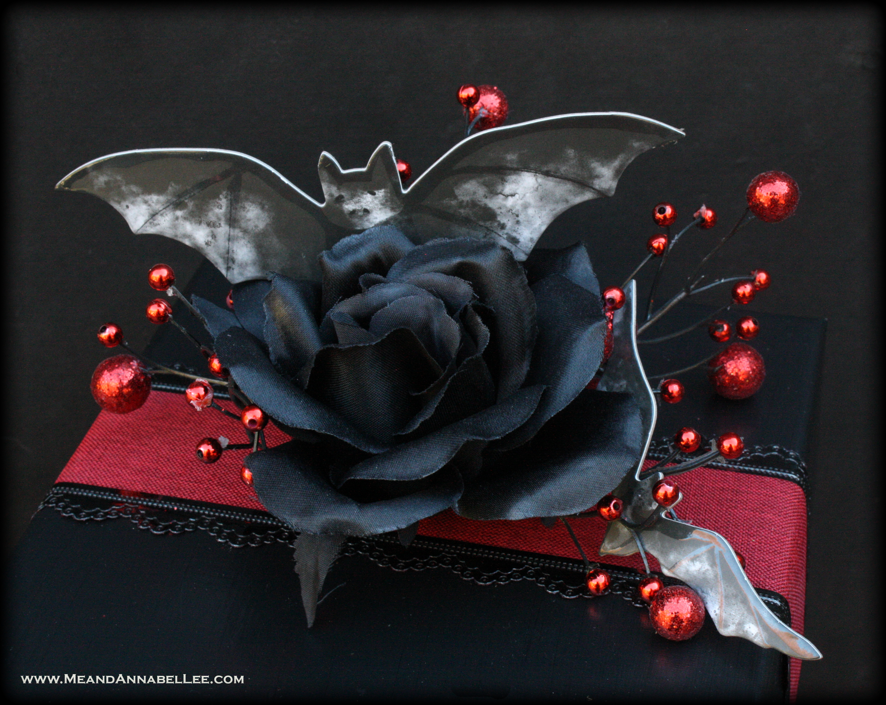Gothic Bat and Black Rose Gift Topper | DIY Holiday Boxed Wine Dispenser | Christmas Crafts | Red and Black Gift Box Wine Stand | www.MeandAnnabelLee.com