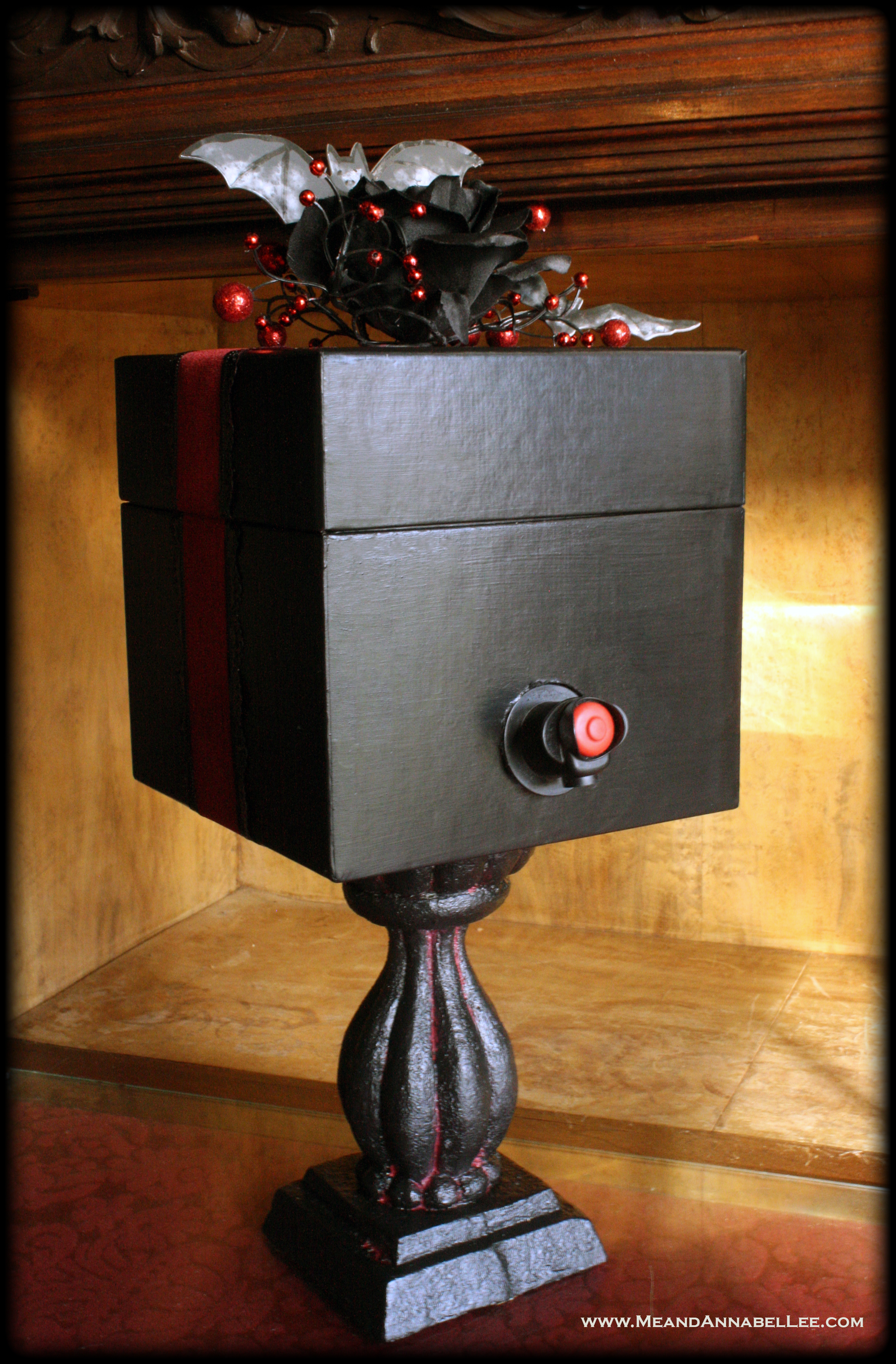 How to build a Goth It Yourself Holiday Boxed Wine Dispenser | Die Cut Bats Topper | All you can drink wine | Christmas Crafts | Gothic Living | DIY | Trash to Treasure |Red and Black | www.MeandAnnabelLee.com