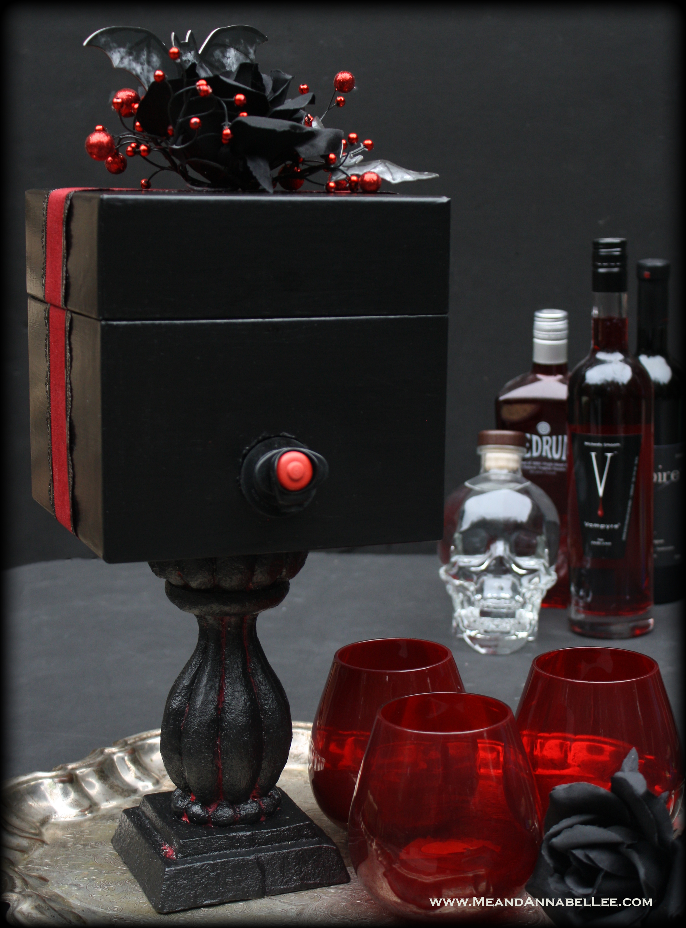 How to build a Goth It Yourself Holiday Boxed Wine Dispenser | Die Cut Bats and Black Roses Gift Topper | All you can drink wine | Christmas Crafts | Gothic Living | DIY | Trash to Treasure |Red and Black Gift Box | www.MeandAnnabelLee.com