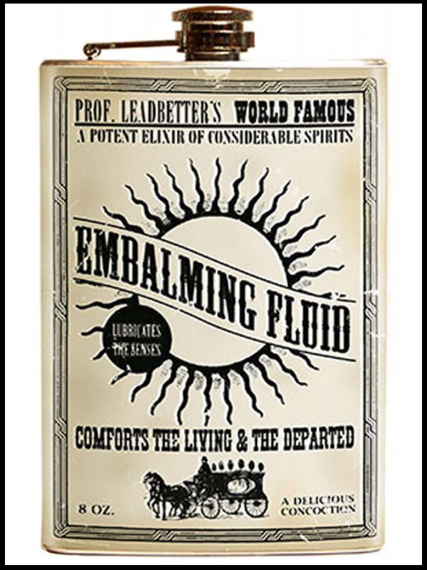 20 Macabre, Twisted, Unusual, Dark, Victorian, & Gothic Stocking Stuffers and Gifts under $30 | Oddities and Curiosities | Retro-a-go-go Embalming Fluid Flask |Morbid | Funny Barware | Christmas Shopping Guide | Holiday Gift Ideas | www.MeandAnnabelLee.com