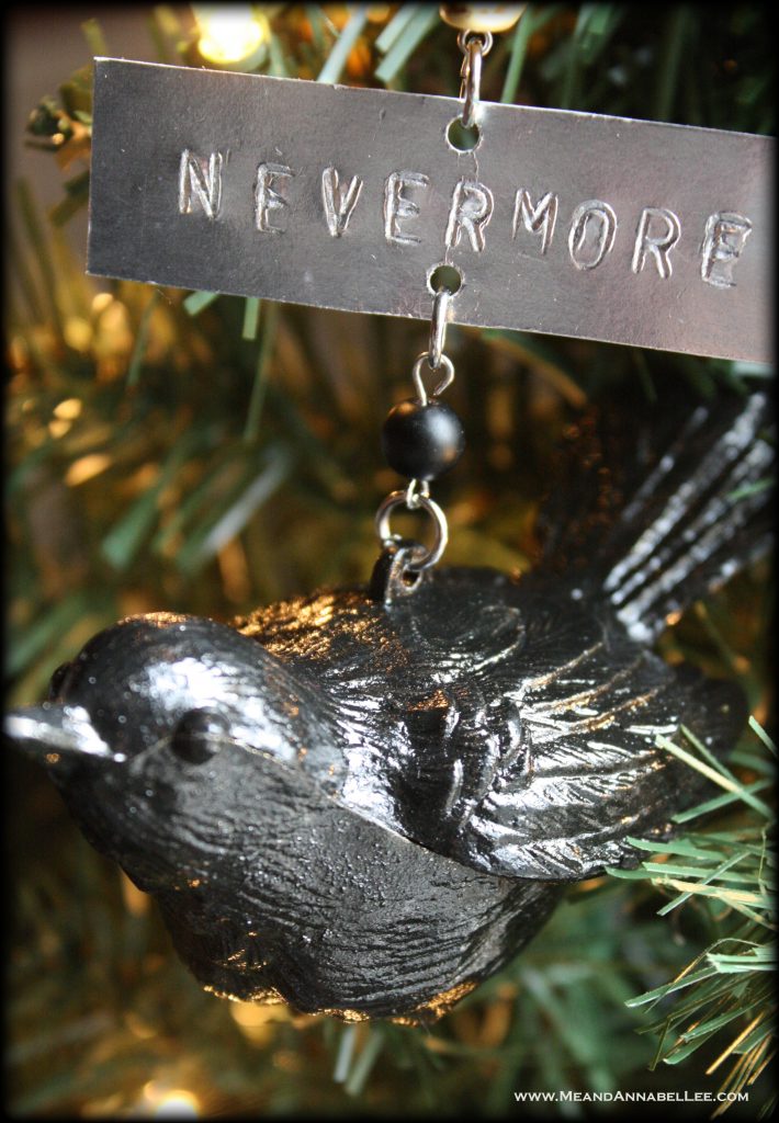 Raven Nevermore Skull Christmas Ornament | Goth It Yourself Mixed Media Edgar Allan Poe Themed Ornament | How to Hand Stamp Metal Foil | Hexmas | Creepy Xmas | Gothic Christmas Decorations | www.MeandAnnabelLee.com