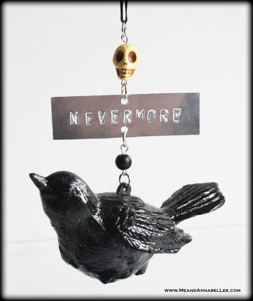 Raven Nevermore Skull Christmas Ornament | Goth It Yourself Mixed Media Edgar Allan Poe Themed Ornament | How to Hand Stamp Metal Foil | Hexmas | Creepy Xmas | Gothic Christmas Decorations | www.MeandAnnabelLee.com
