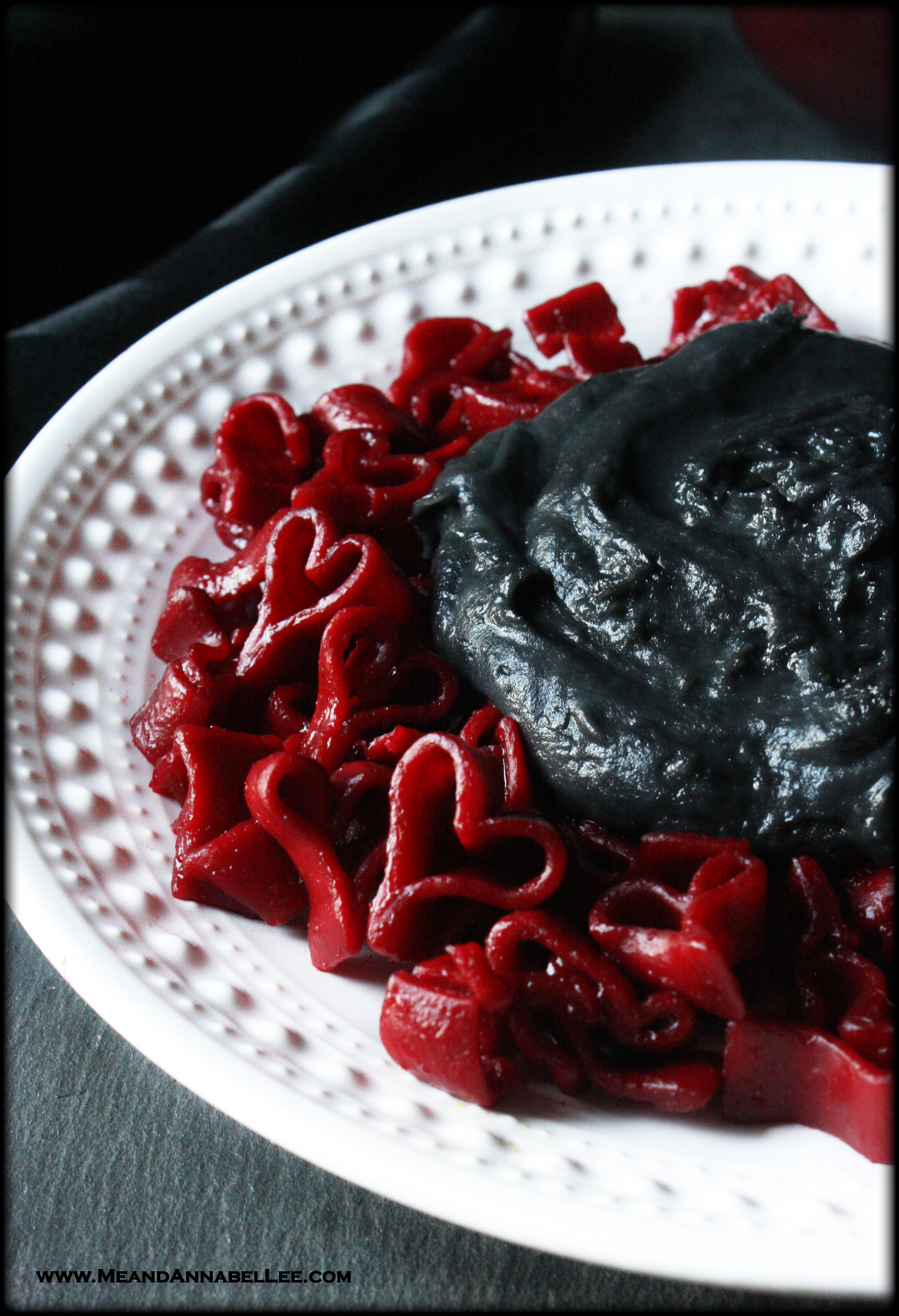 Gothic Valentine Bloody Heart Pasta Dinner | Red and Black Macaroni and Cheese |Beet Heart Shaped Pasta | Black Pasta Sauce | Horror Food | Anti Valentine’s Day | www.MeandAnnabelLee.com