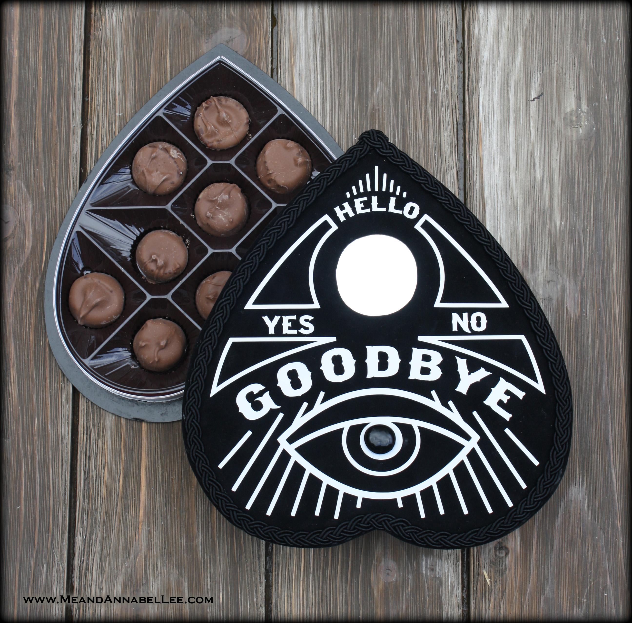 Ouija Planchette Valentine Box of Chocolate |Heart Shaped Box | Gothic Valentine’s Day | Goth it Yourself | Anti Valentine | Occult | All Seeing Eye | Hello Goodbye | Dark Romance | www.MeandAnnabelLee.com