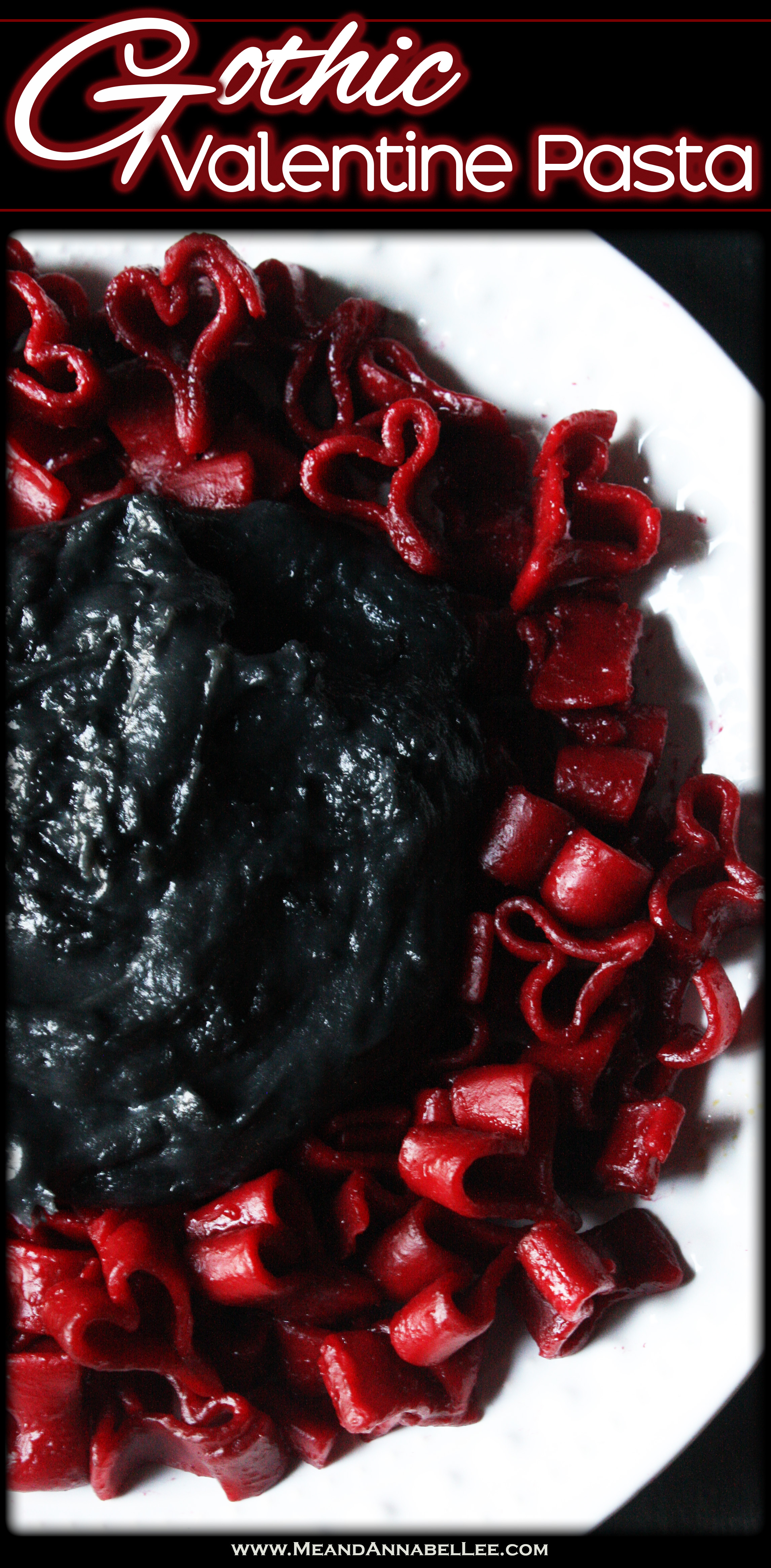 Gothic Valentine Bloody Heart Pasta Dinner | Black Pasta Sauce | How to dye pasta red | Goth Mac & Cheese | Anti Valentine | Horror Food | Red and Black Macaroni and Cheese | Cooking with charcoal | Beet Heart Shaped Pasta | www.MeandAnnabelLee.com