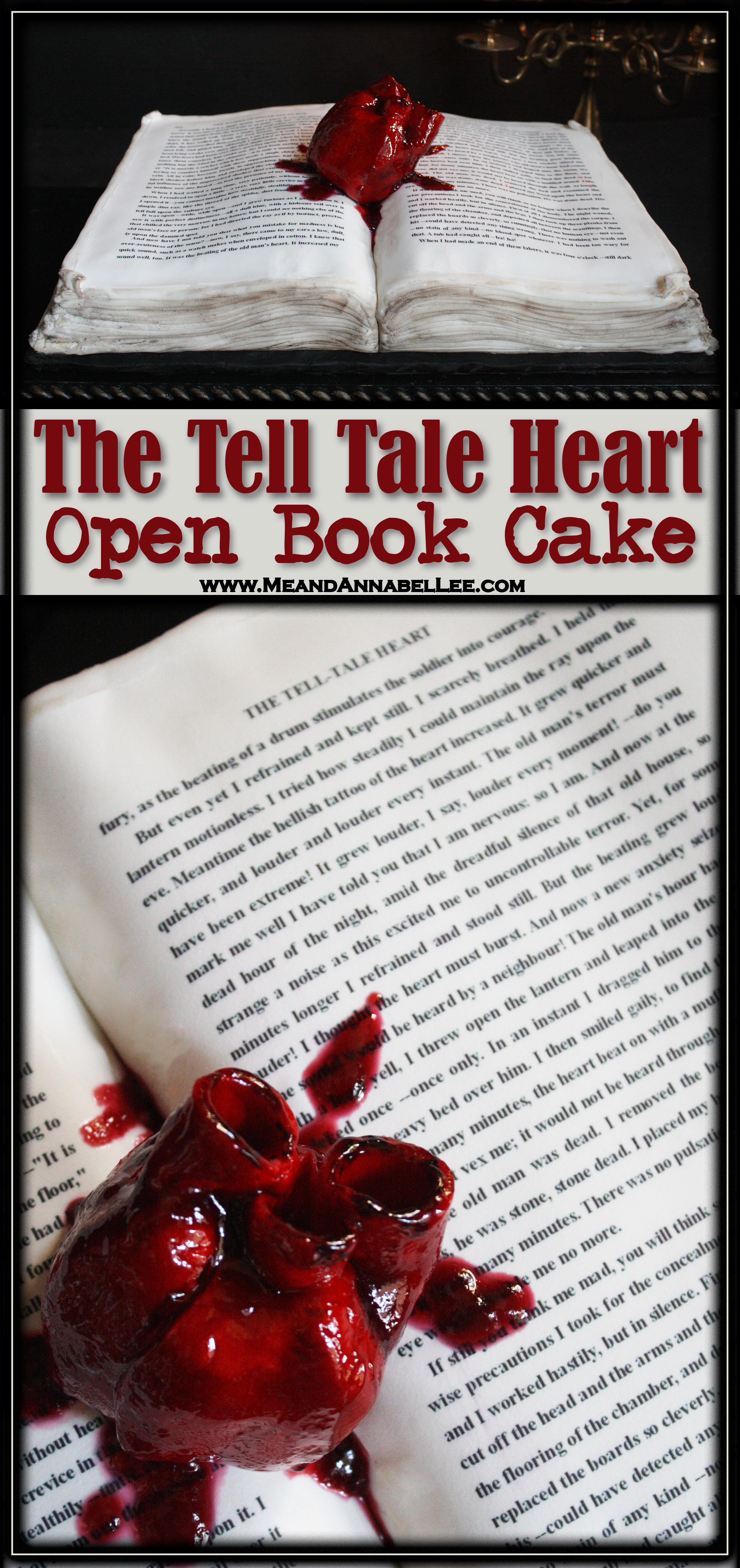 The Tell Tale Heart Open Book Cake | Bloody Heart Cupcake | Cake Decorating Tutorial | Gothic Valentine’s Day | Anti Valentine | The Complete Works of Edgar Allan Poe | How to make a 3D Open Book Cake | Edible Frosting Sheets | Printed Icing | Cake Art | Gothic Literature | Macabre Desserts | Anatomical Human Heart | www.MeandAnnabelLee.com
