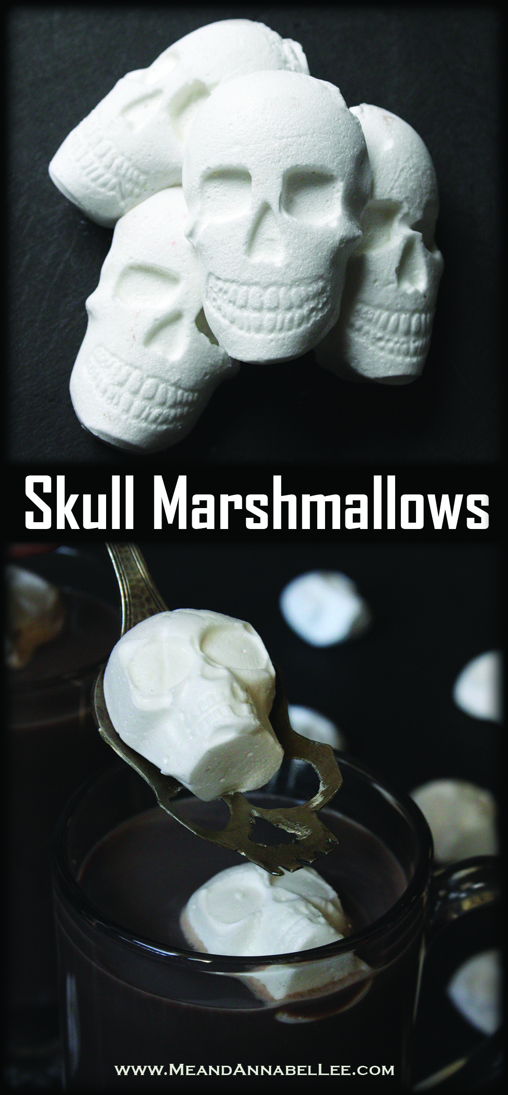 Homemade Skull Marshmallows | Best Hot Cocoa Recipe | Hot Chocolate | Dessert Drinks | Halloween Treats | Hot Beverage | Gothic Peeps | Silicone Skull Molds | Cold Weather Comfort Food | Skull Spoon | www.MeandAnnabelLee.com