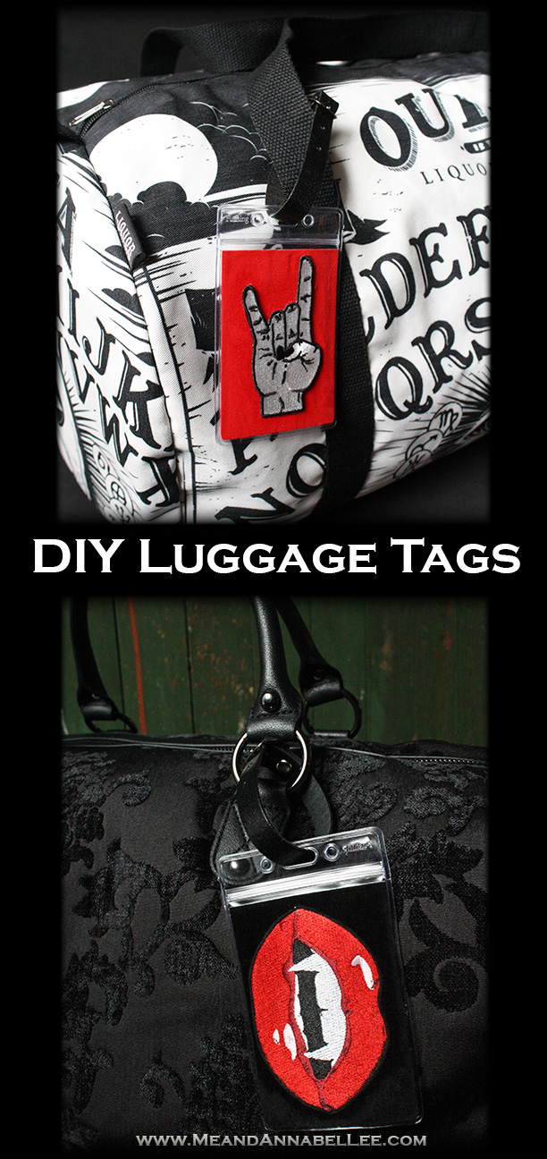 DIY Punk Rock and Gothic Patch Luggage Tags – an easy way to dress up your luggage! Goth it Yourself and travel in style with Skulls, Bats, Vampires, and some Rock n Roll! Me and Annabel Lee Blog #gothityourself #rocknroll #gothic #skulls #vampires