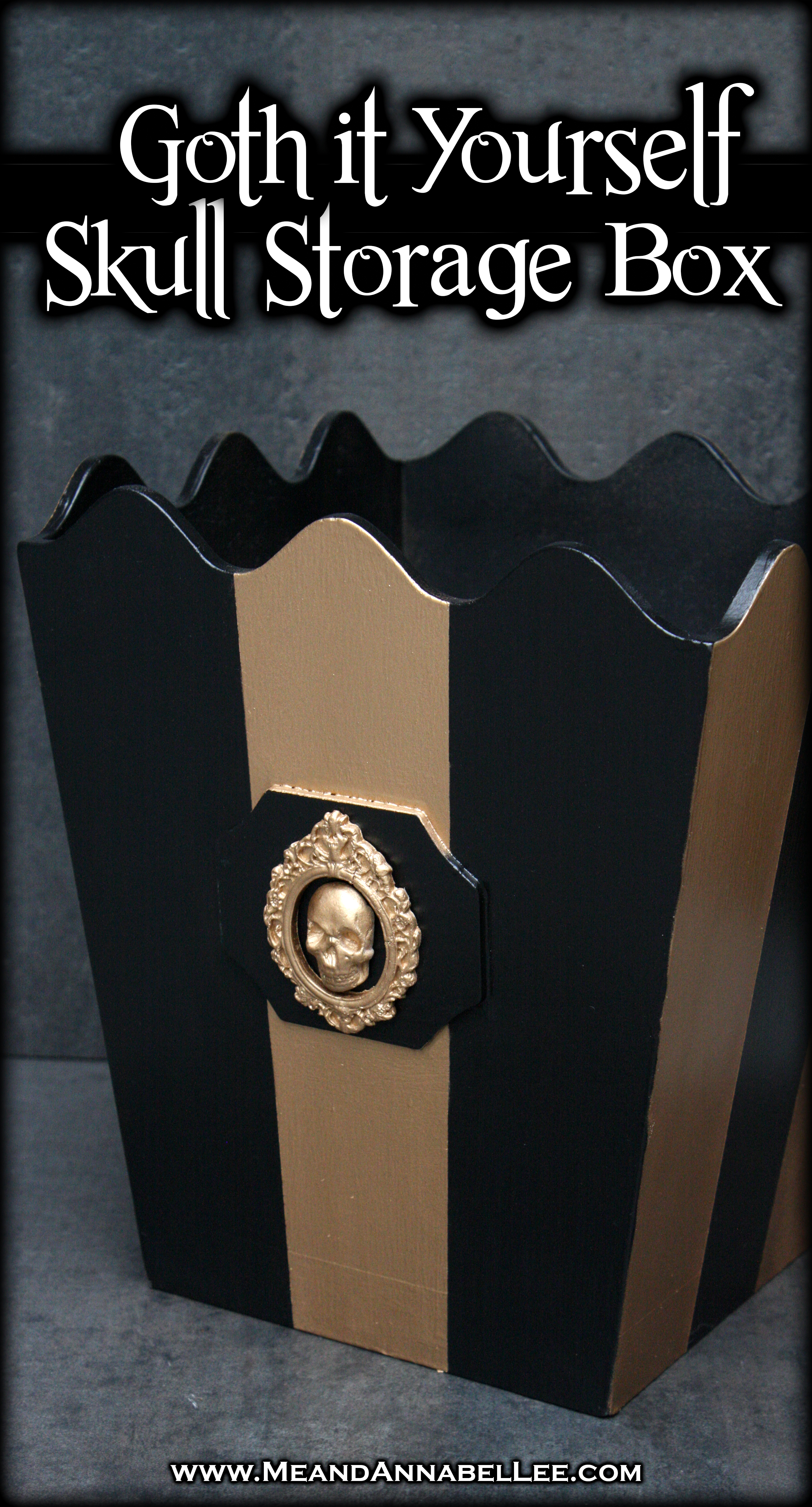 Goth-it-Yourself Project - transform an ordinary wooden box into a Victorian Gothic Skull Storage Box with bold yet whimsical black & gold stripes and a Baroque Frame & Skull | Perfect for that Gothic Home Office or Craft Space | Me and Annabel Lee Blog
