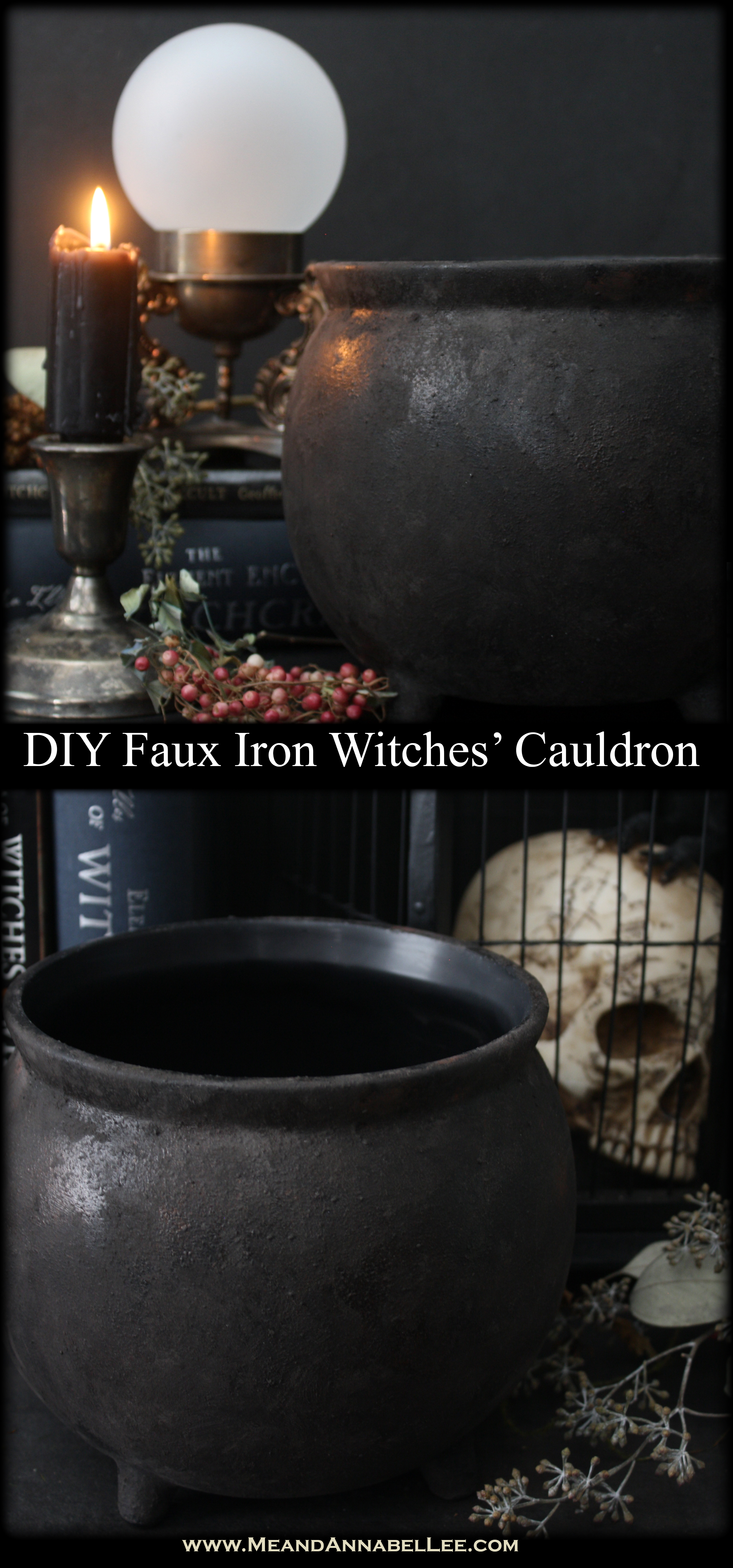 Create this Faux Iron Witches’ Cauldron from a shiny Hocus Pocus Halloween Prop | Full tutorial on how to take Halloween decorations to the next level with faux finishing techniques…. Adding texture, faux rust, aging powder, paint, and more | Halloween Crafts | Me and Annabel Lee Blog