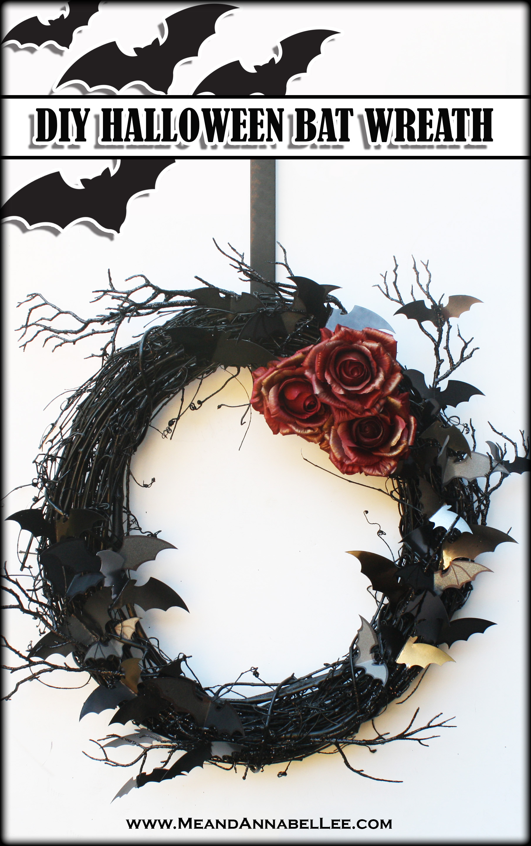 Combine a black grapevine wreath and paper bats to create this beautiful DIY Halloween Bat Wreath.... spooky decor for the front door of your Vampire Castle | The mirrored bats will give a haunting warm glow in the moonlight | Free Printable | Halloween Crafting | Me and Annabel Lee Blog