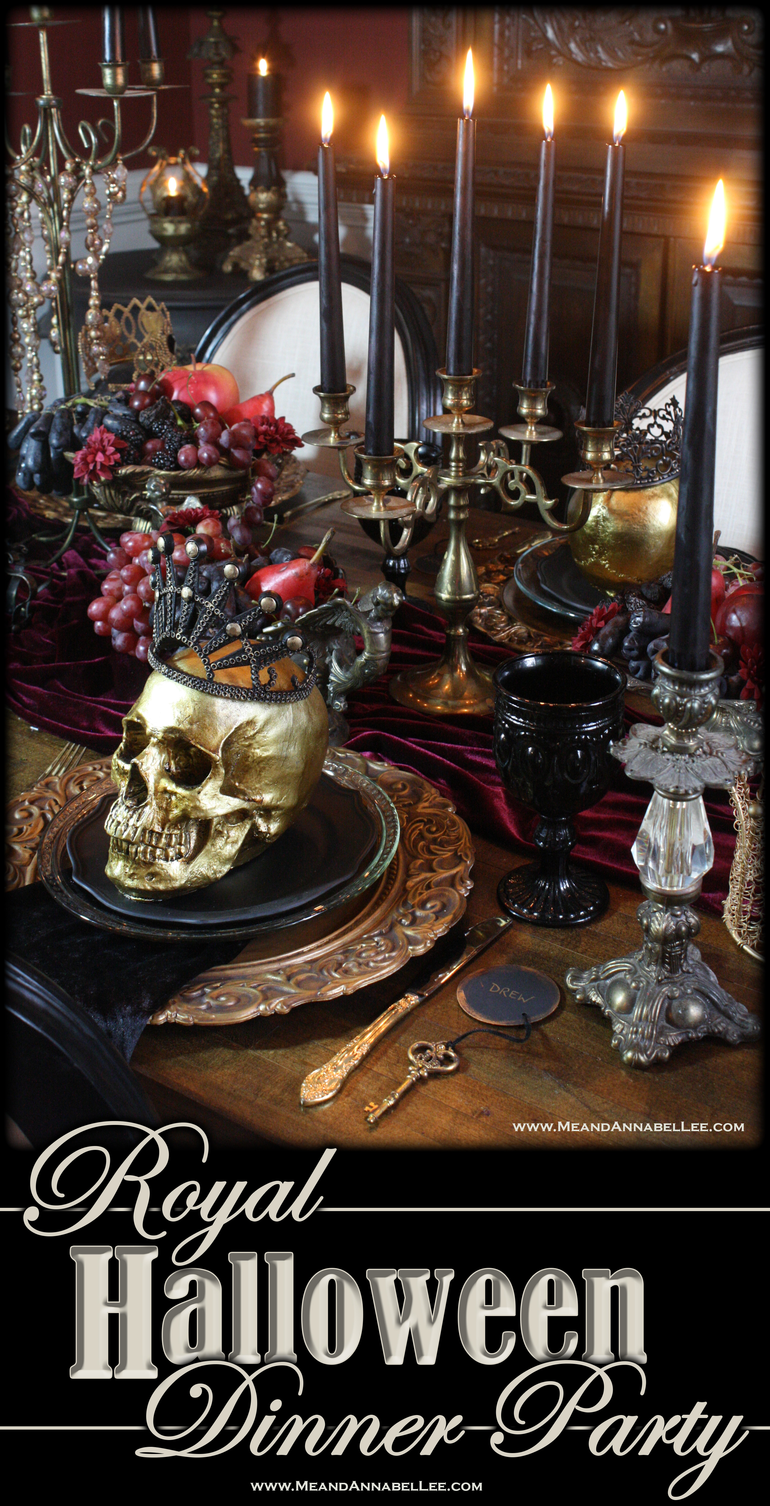 How to create a haunting yet luxurious Halloween Dinner Party fit for a Skull King or Queen… Burgundy Silk Velvet Table Runner, Antique Gold Candelabras, chunky gold candlesticks, Black Candles, Bowls of Dark Fruits, Black Velvet Linens, Gothic Black Glass Goblets, and Black and Gold Skulls wearing crowns | Me and Annabel Lee Blog
