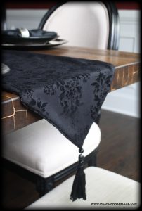 How to Make this DIY Double Sided Victorian Gothic Table Runner | Black Flocked Velvet Damask | Black Skull Tassel | Goth Home Decor | Table Setting | www.MeandAnnabelLee.com