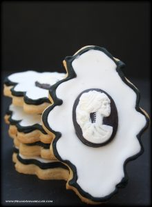 Victorian Gothic Skeleton Cameo Cookies | Black & White | Almond Vanilla Sugar Cookies | Chocolate Cameo | Royal Icing | www.MeandAnnabelLee.com