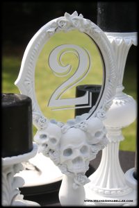 Halloween Wedding Table Numbers | Vampire Skulls | Gothic Centerpiece | White Candle sticks | Black Candles | Cricut Tutorial | Vinyl Numbering on Mirrors | www.MeandAnnabelLee.com
