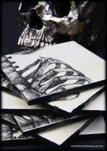 How to transform white wall tiles into Gothic DIY Skeleton Coasters | Ribcage Anatomy Image Transfer | www.MeandAnnabelLee.com