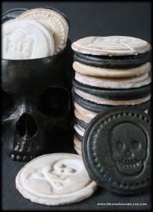 Halloween Cookie Stamps | Skulls and Crossbones and Tombstones| Black and White Almond Vanilla Sugar Cookie Recipe | www.MeandAnnabelLee.com