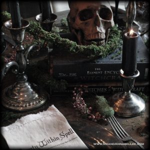 Witches Dinner Party | Elegant Gothic Halloween Table Decor | Candlelit Dinner | Dark & Moody Ambience |Crystal Balls | Apothecary Jars | Spell Napkins | Rune Stone Wine Charms | Antique Candle Holders | Skull Centerpiece | Black Candles | Enchanted Forest | Goth Home Décor | Samhain Feast Menu | www.MeandAnnabelLee.com