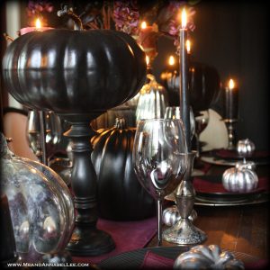 Black and Purple Gothic Thanksgiving Table Decor | Add a touch of Halloween to your Thanksgiving Spread | Fall Tablescape | Black Pumpkins | Plum Velvet Runner | Mercury Glass | Candlelit Dinner | www.MeandAnnabelLee.com