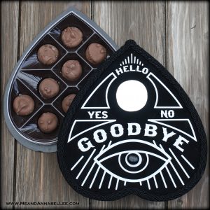 Ouija Planchette Valentine Box of Chocolate |Heart Shaped Box | Gothic Valentine’s Day | Goth it Yourself | Anti Valentine | Occult | All Seeing Eye | Hello Goodbye | Dark Romance | www.MeandAnnabelLee.com