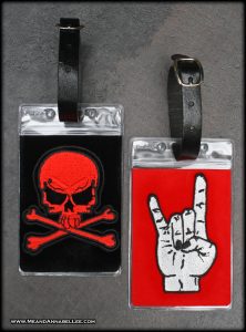 DIY Punk Rock and Gothic Patch Luggage Tags – an easy way to dress up your luggage! Travel in style with a Skull & Crossbones or a Rock n Roll Devil Horns Hand tag! Me and Annabel Lee Blog #gothityourself #rockandroll #gothic #skull