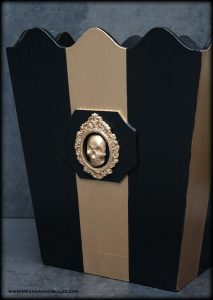 Goth-it-Yourself Project - transform an ordinary wooden box into a Victorian Gothic Skull Storage Box with bold yet whimsical black & gold stripes and a Baroque Frame & Skull | Me and Annabel Lee Blog